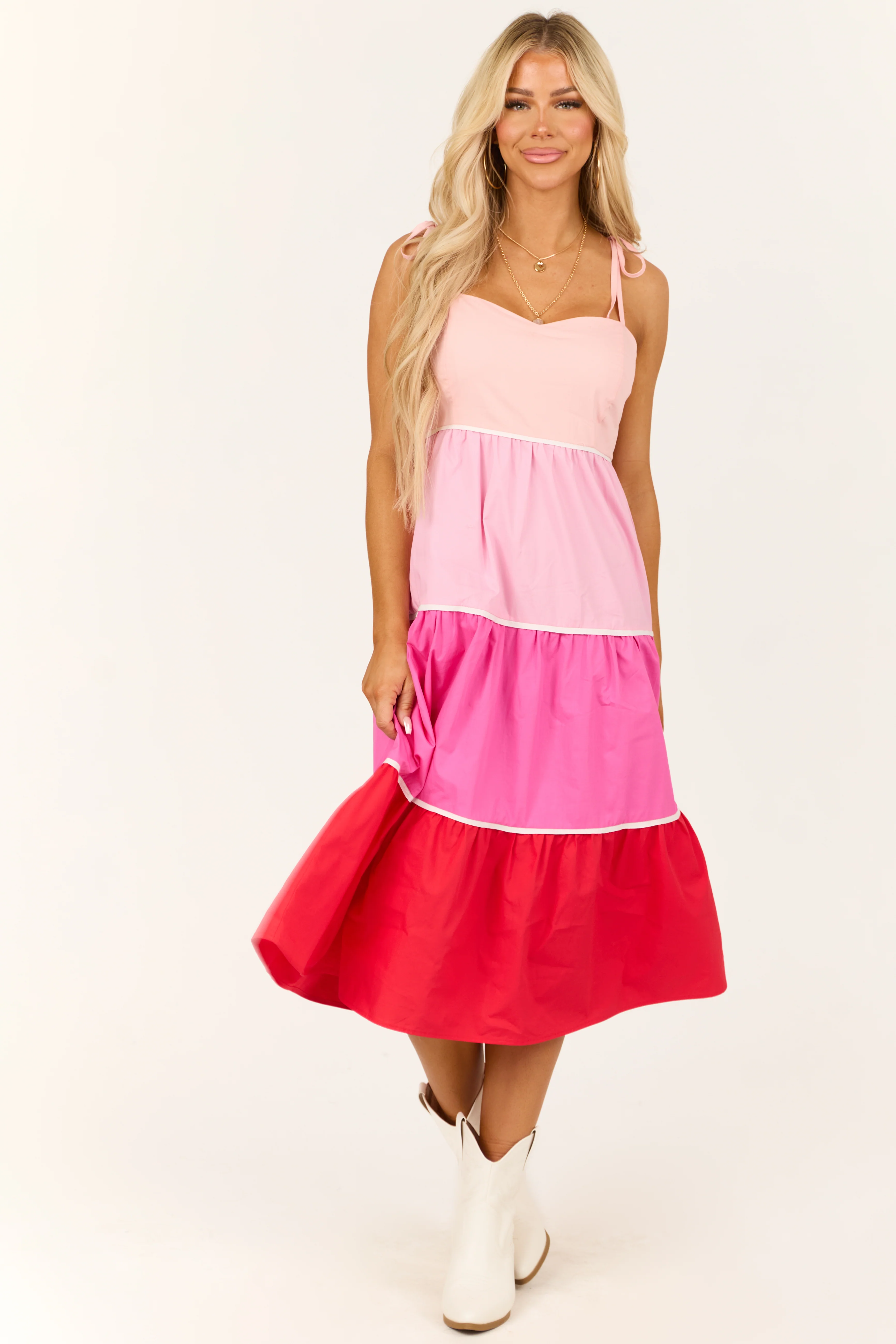 Baby Pink Tiered Colorblock Sleeveless Midi Dress - Image 4