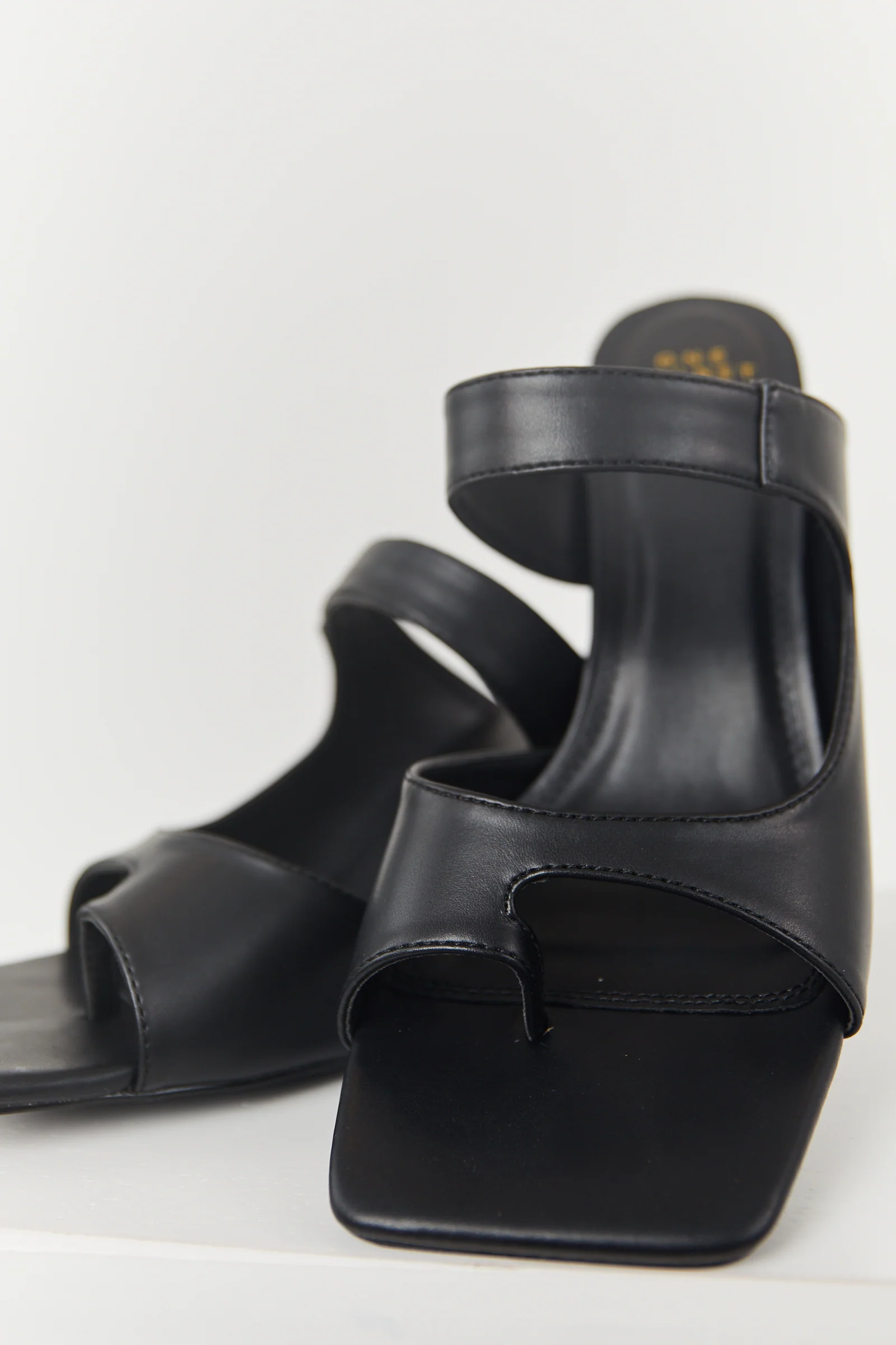 Black Faux Leather Square Toe Double Strap Heels - Image 4