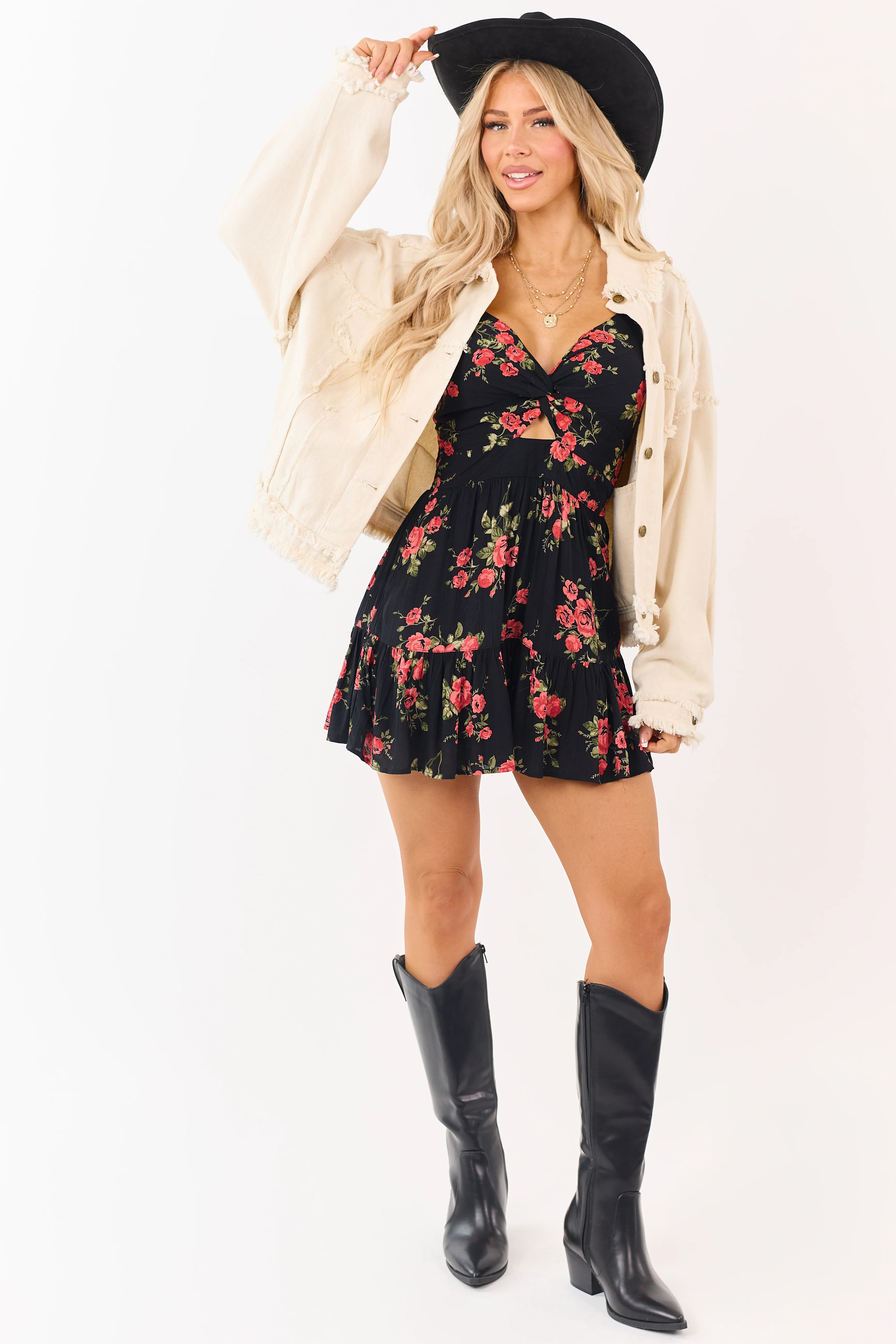 Black Floral Front Twist Sleeveless Ruffle Hem Romper - Image 3