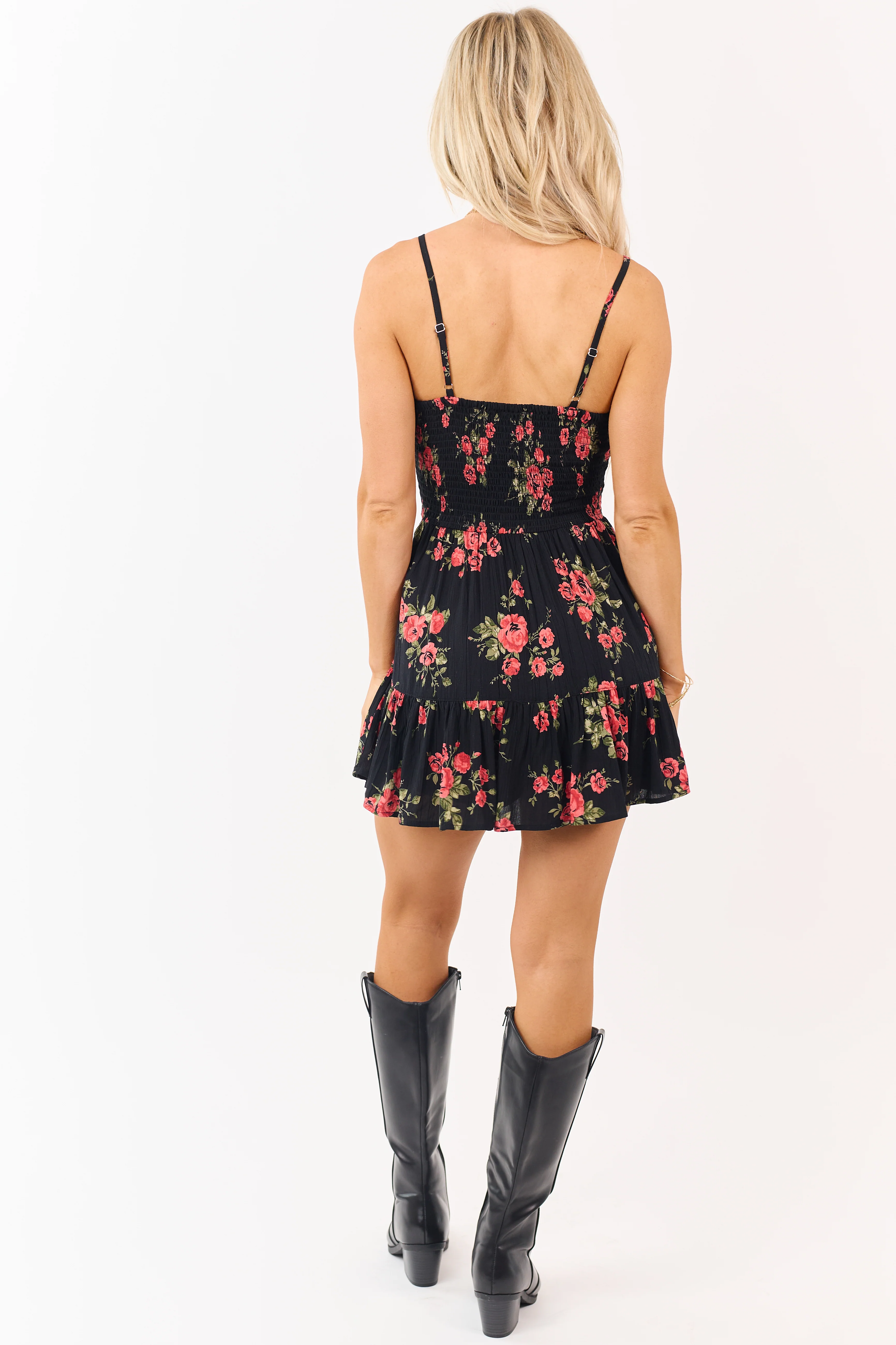 Black Floral Front Twist Sleeveless Ruffle Hem Romper - Image 7