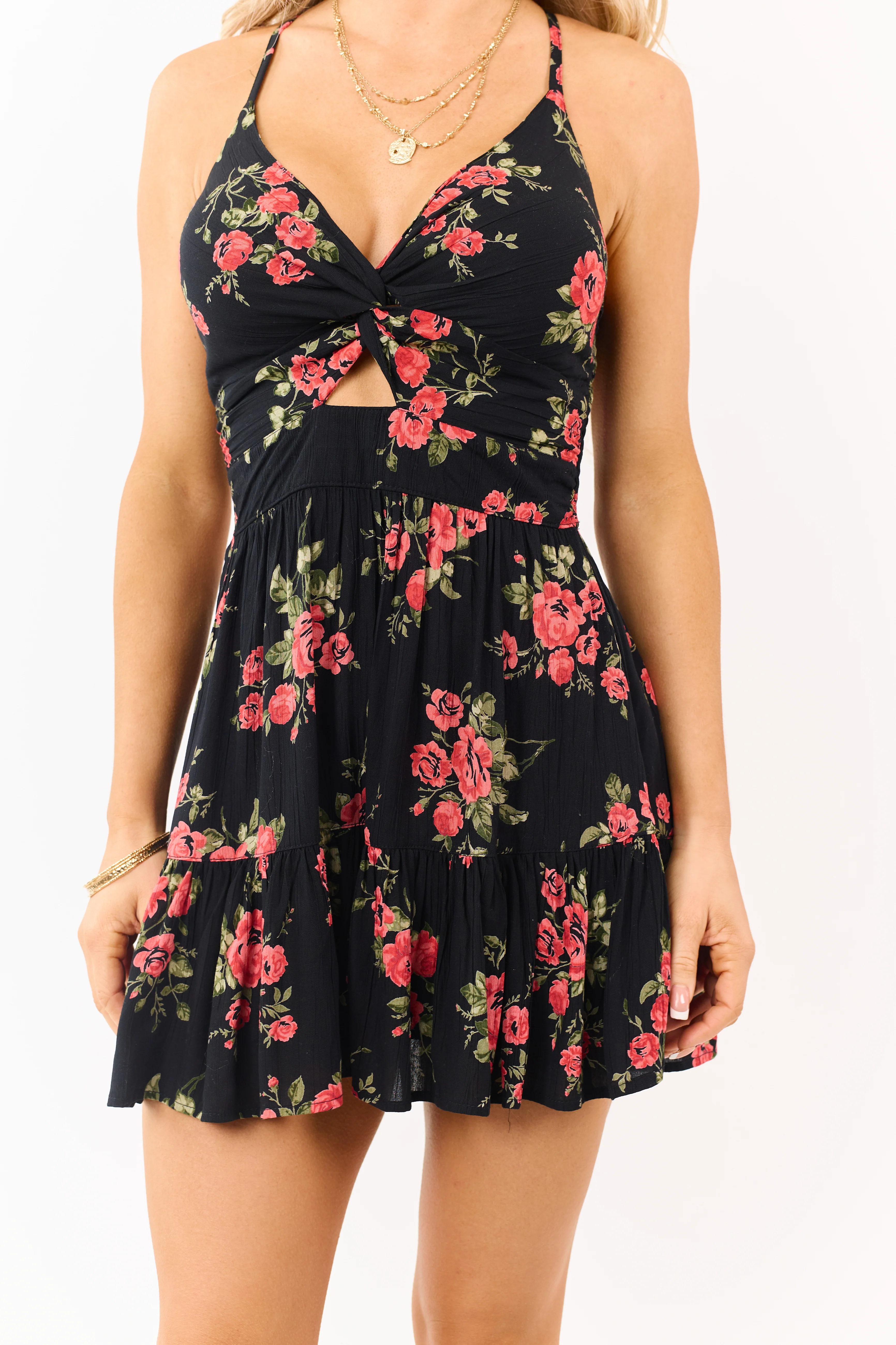 Black Floral Front Twist Sleeveless Ruffle Hem Romper - Image 8