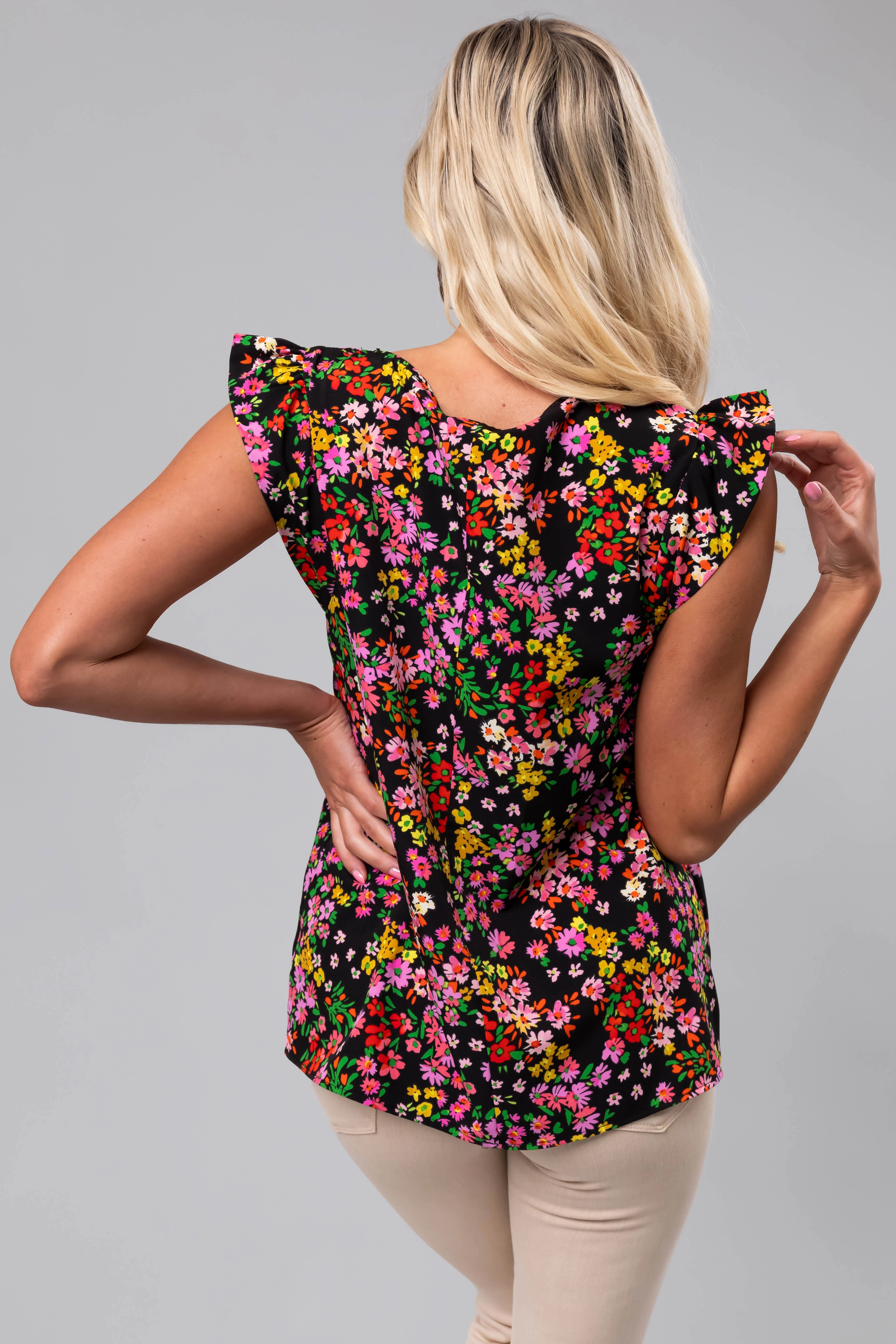 Black Flower Print Ruffle Cap Sleeve Blouse - Image 5