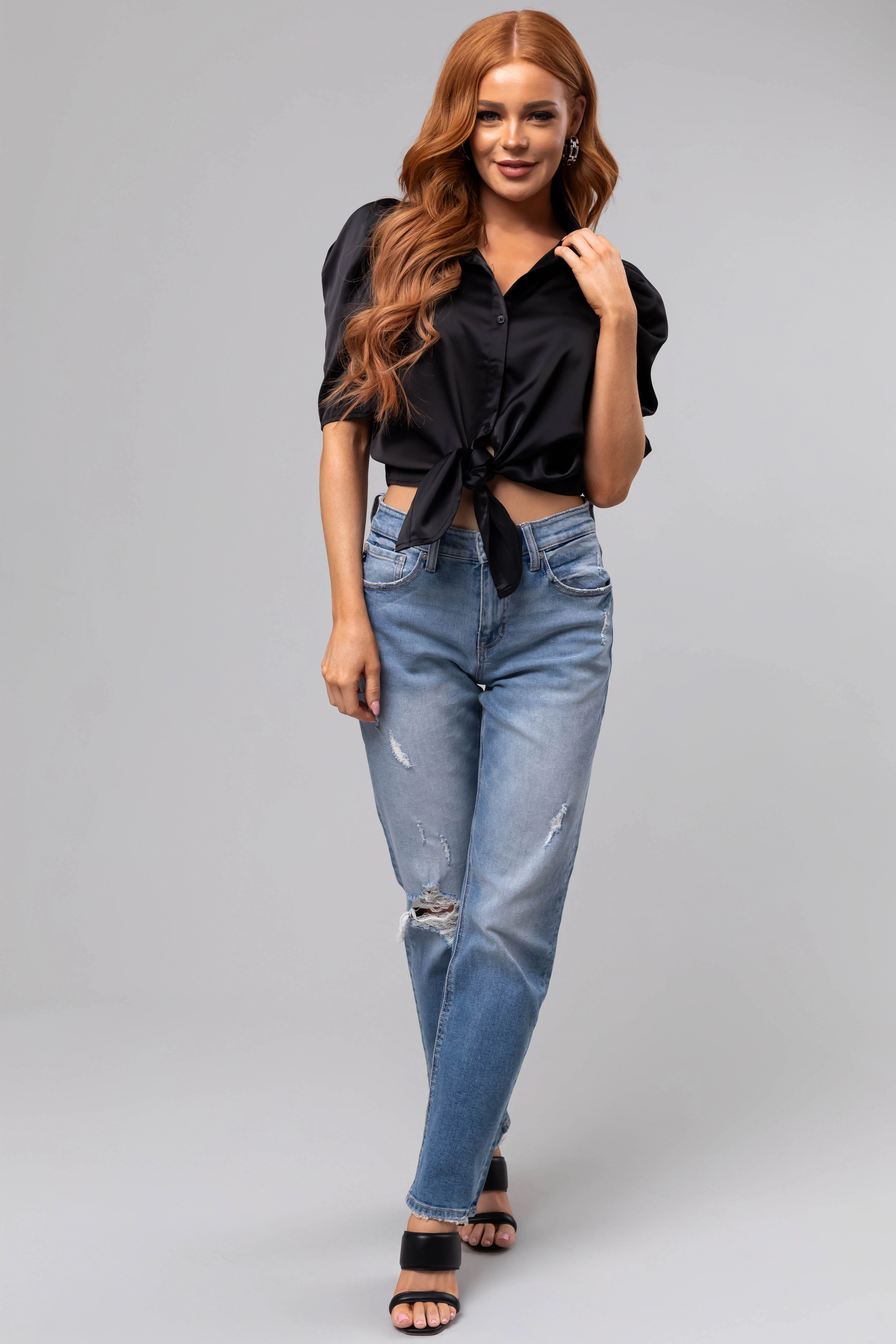 Black Half Sleeve Waist Tie Collared Shirt - Image 3