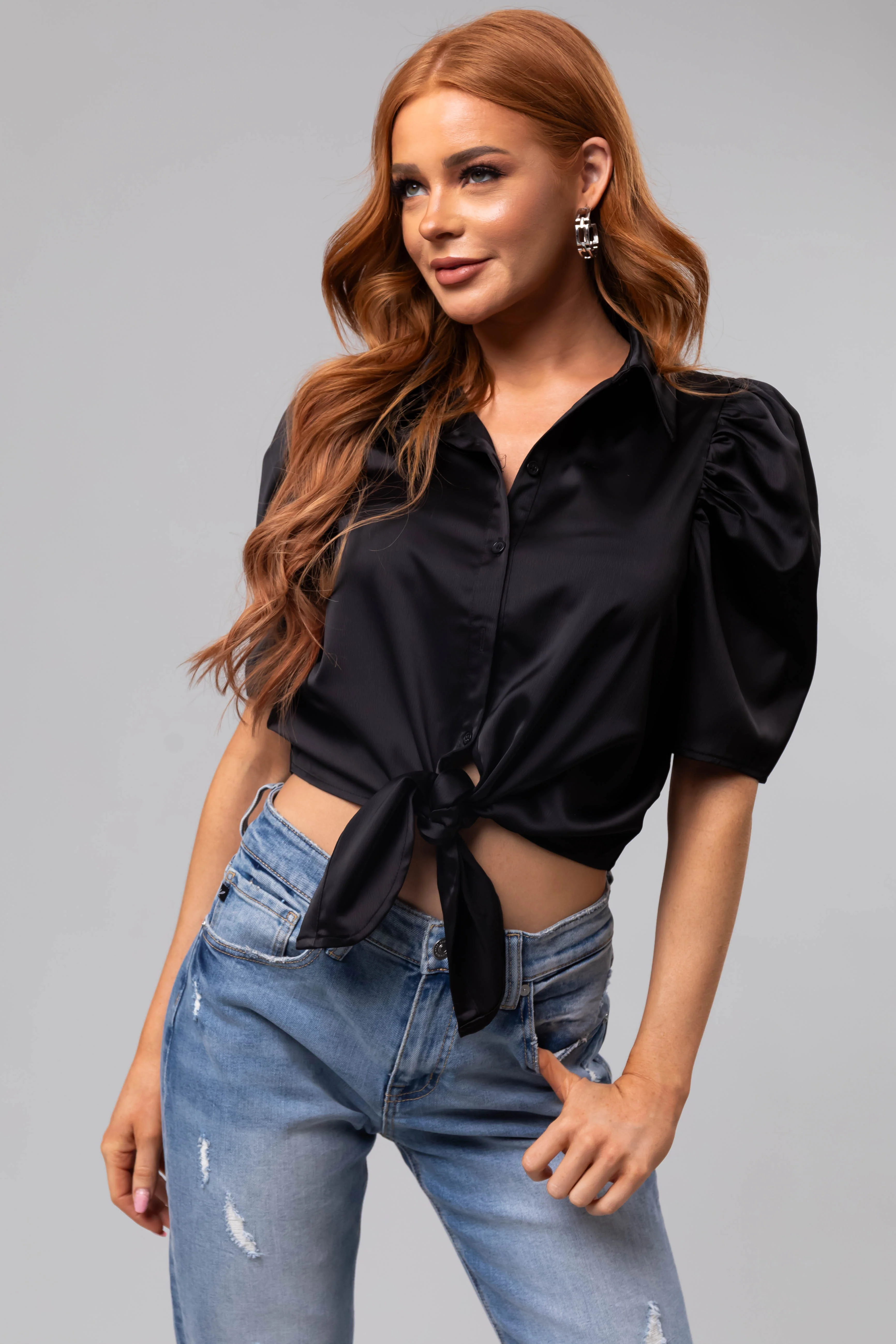 Black Half Sleeve Waist Tie Collared Shirt - Image 4