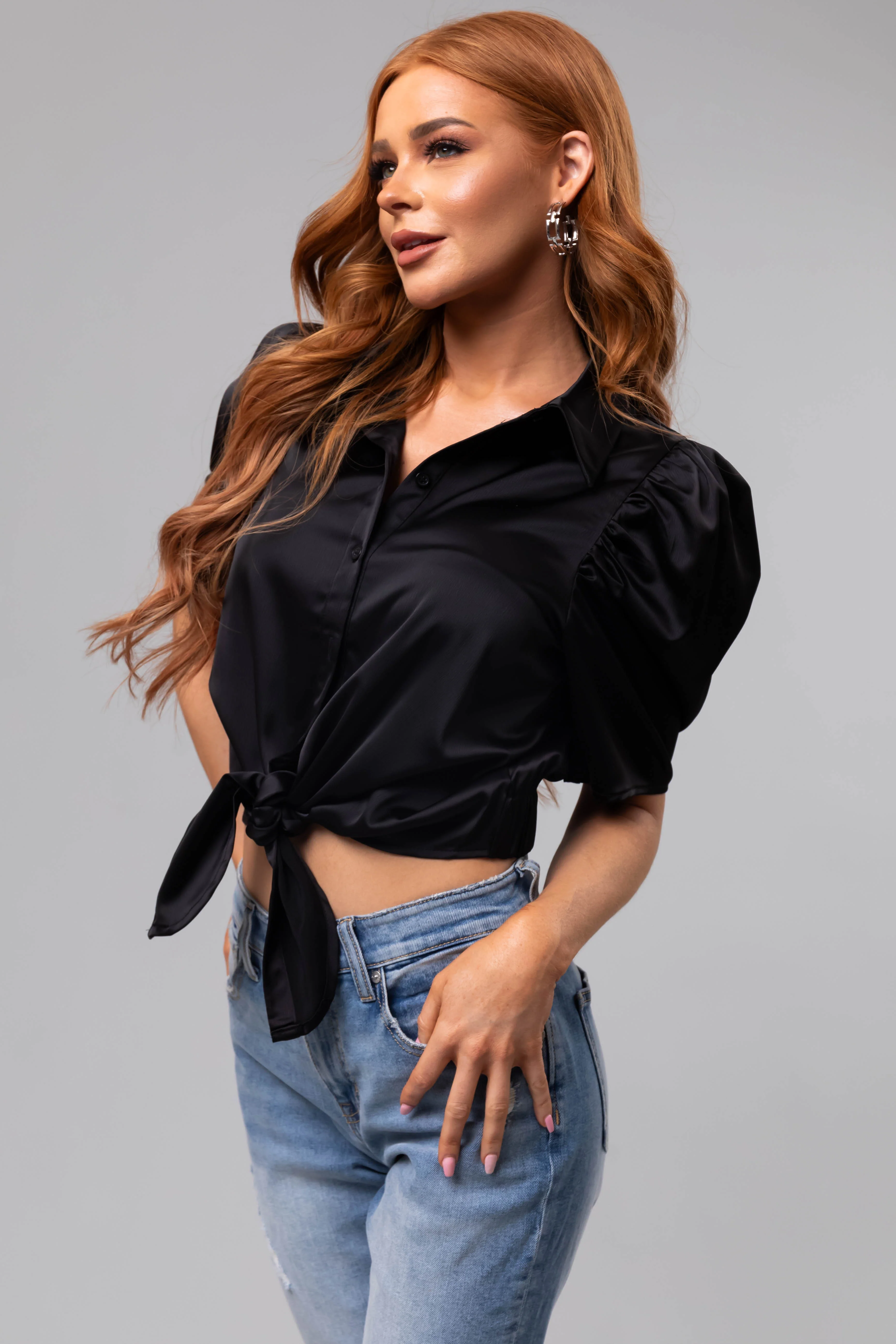 Black Half Sleeve Waist Tie Collared Shirt - Image 6