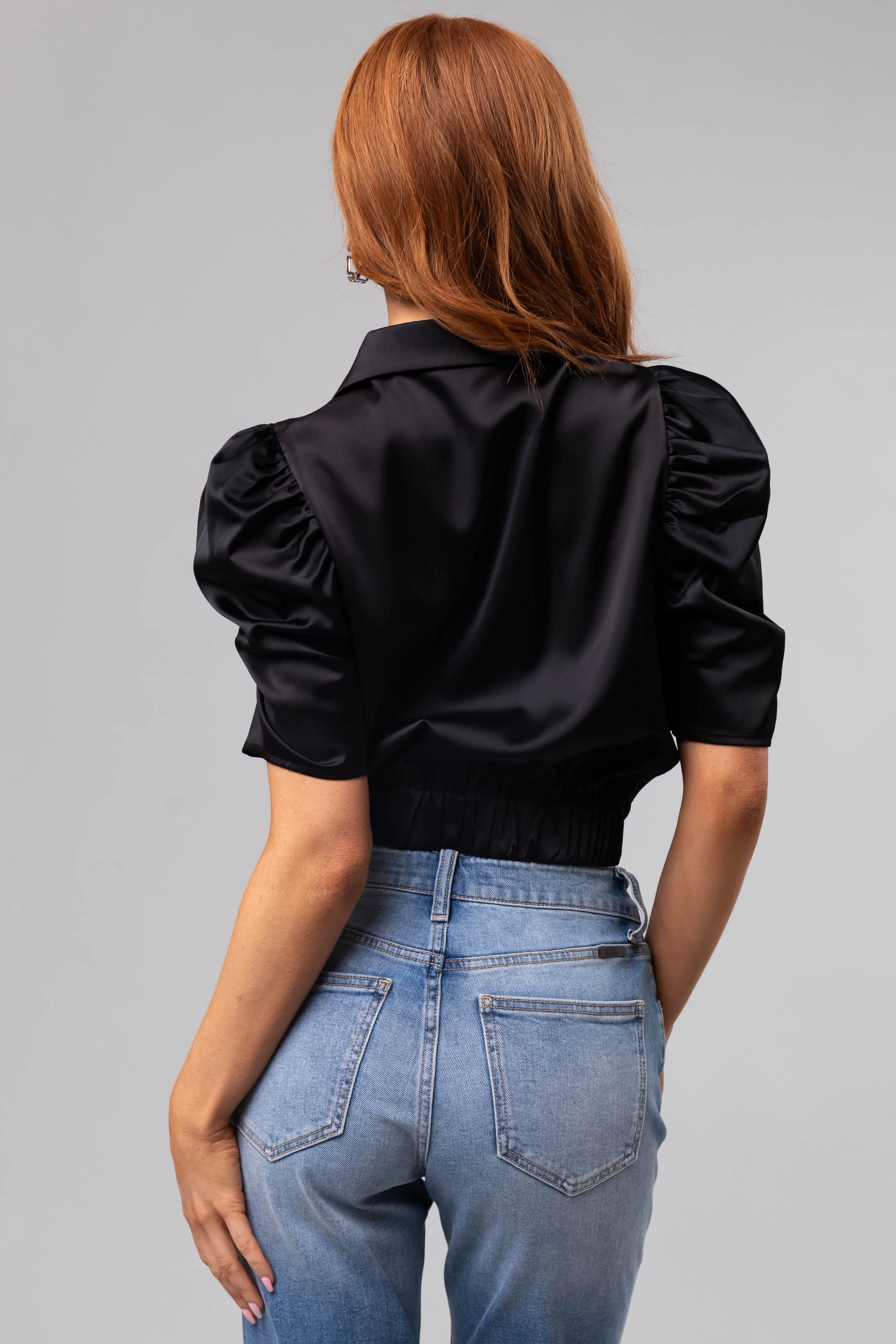 Black Half Sleeve Waist Tie Collared Shirt - Image 7