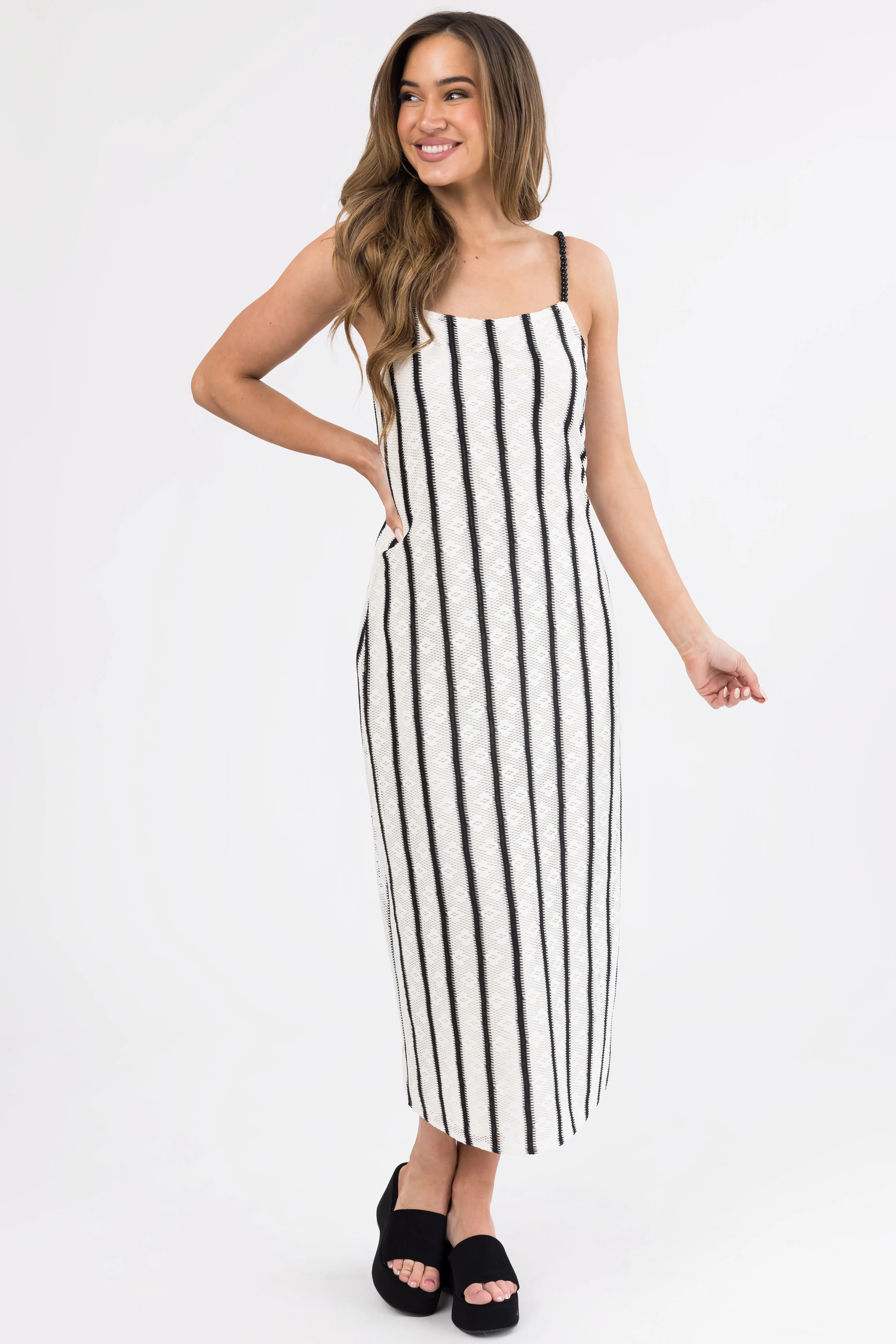 Black and Ivory Striped Bead Strap Maxi Dress - Image 3