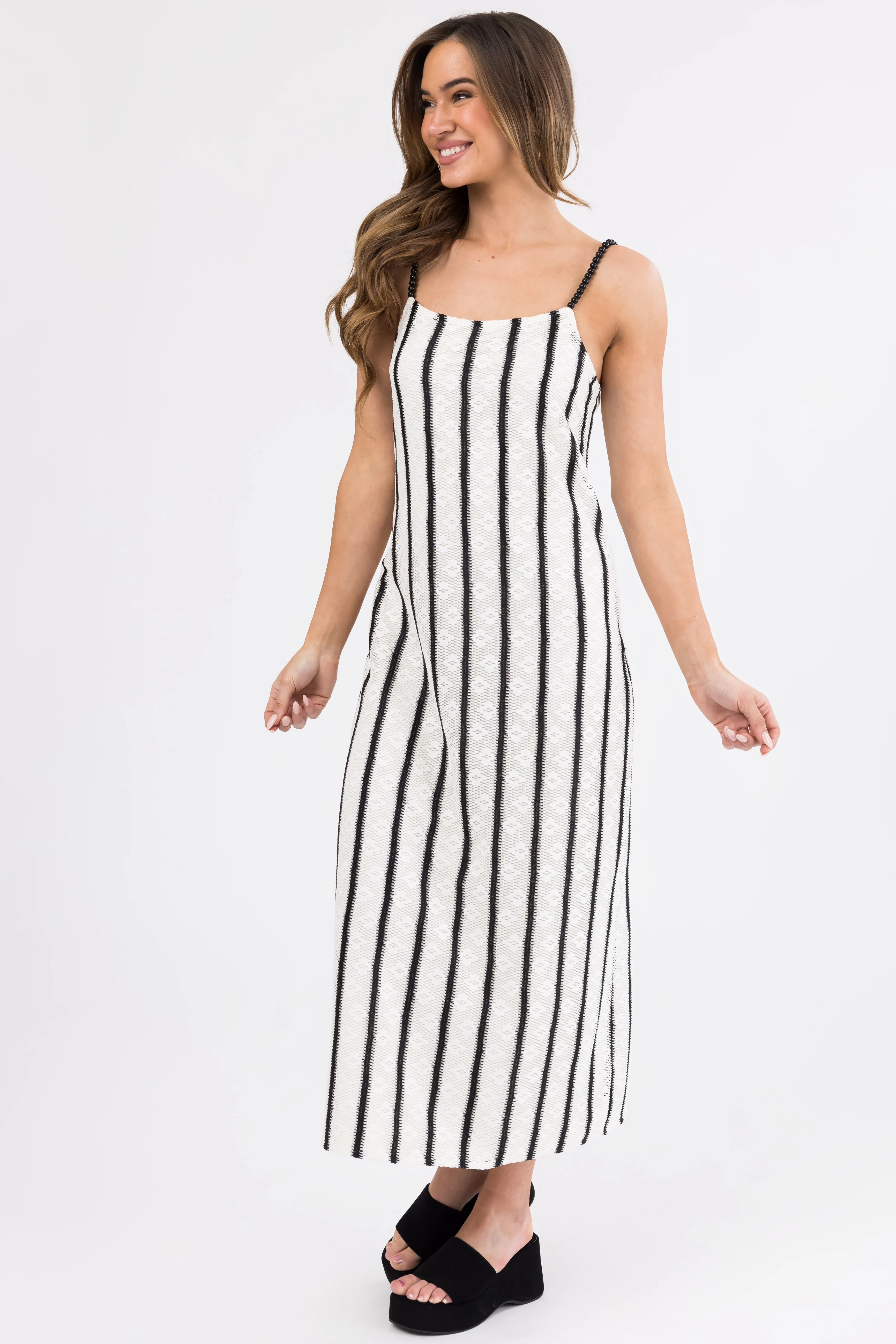 Black and Ivory Striped Bead Strap Maxi Dress - Image 4