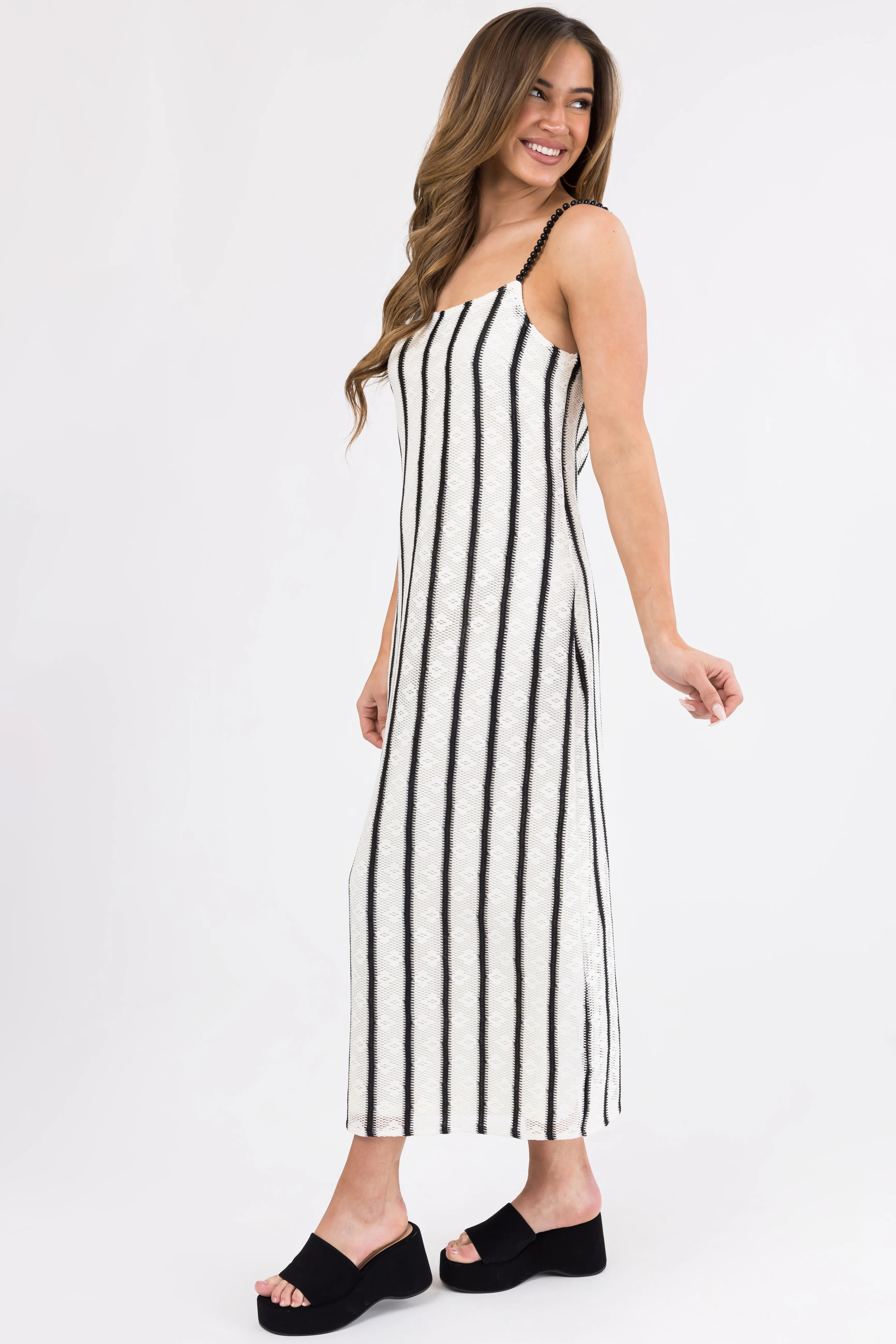 Black and Ivory Striped Bead Strap Maxi Dress - Image 5