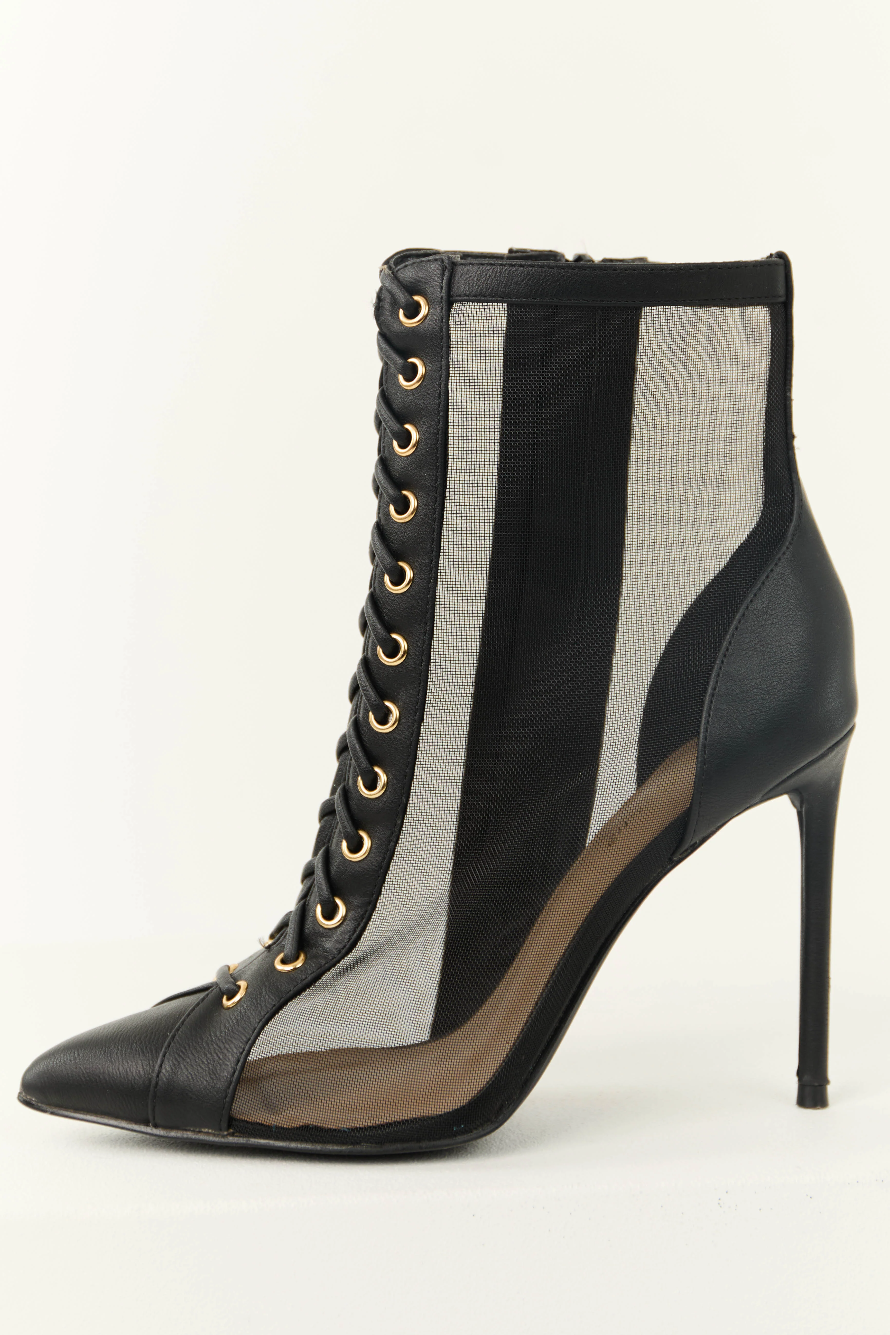 Black Sheer Mesh Lace Up Stiletto Booties - Image 4