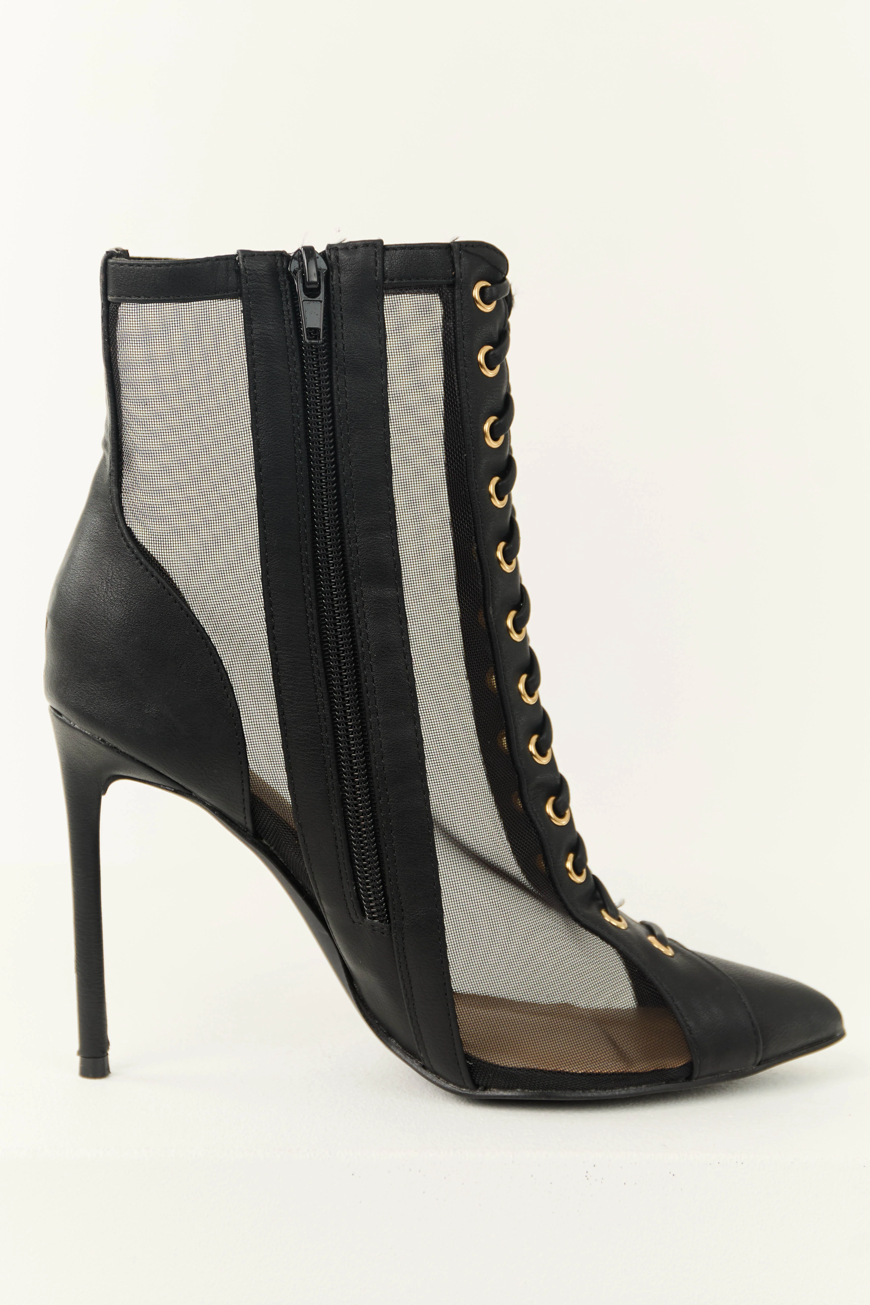 Black Sheer Mesh Lace Up Stiletto Booties - Image 5