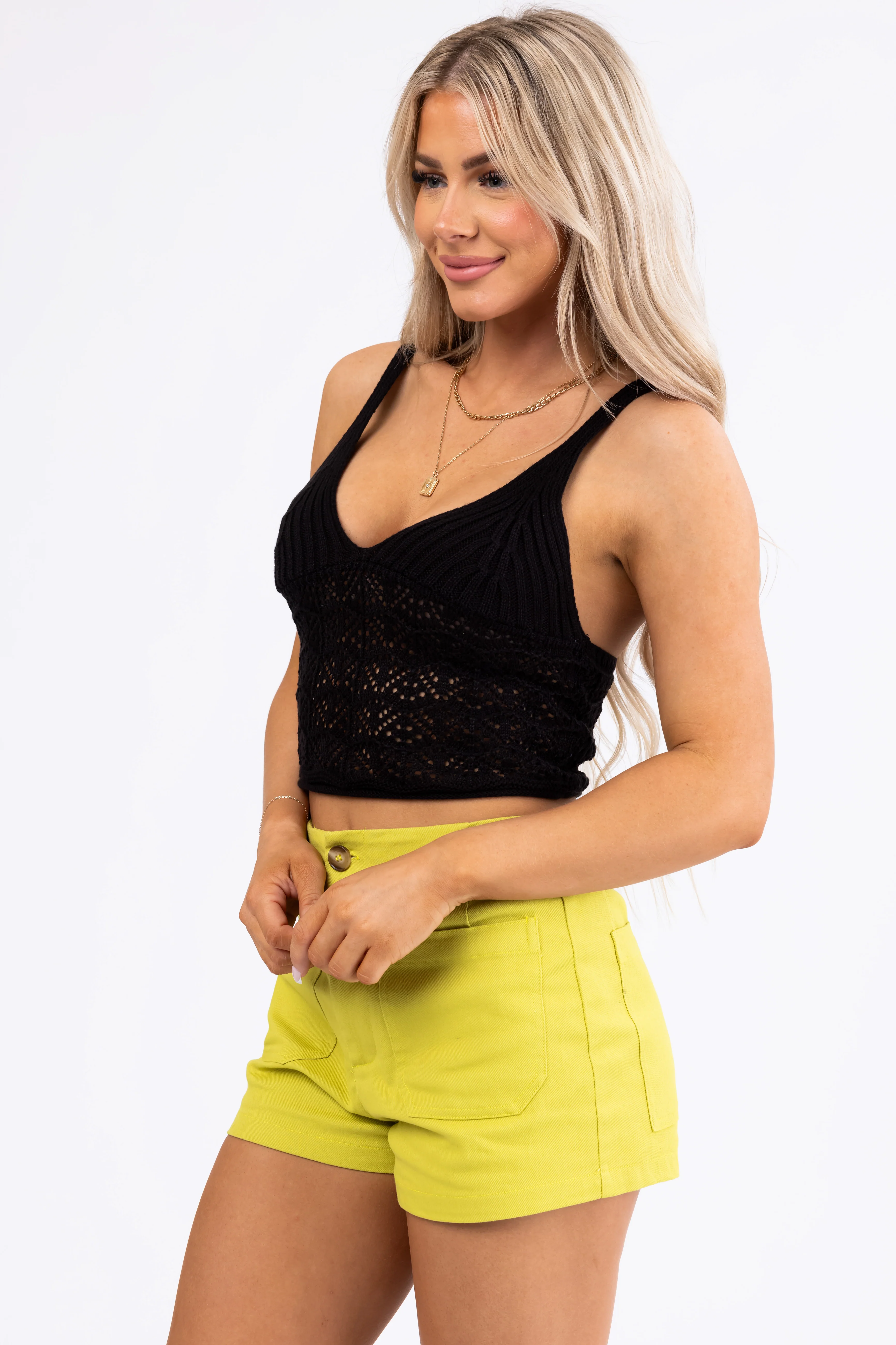 Black Sleeveless V Neck Cut Out Knit Crop Top - Image 4