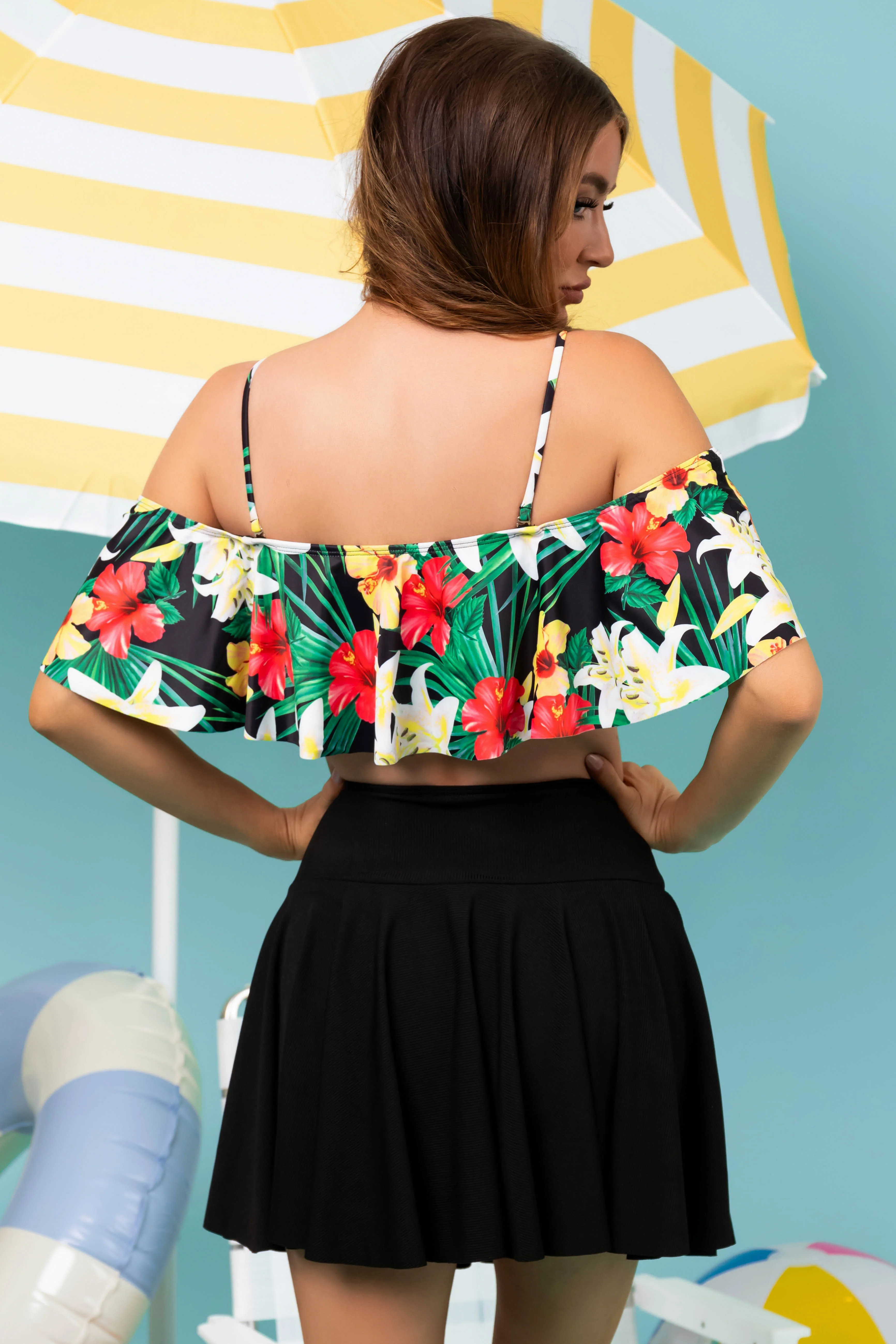 Black Tropical Print Top and Skirt Swimsuit - Image 6