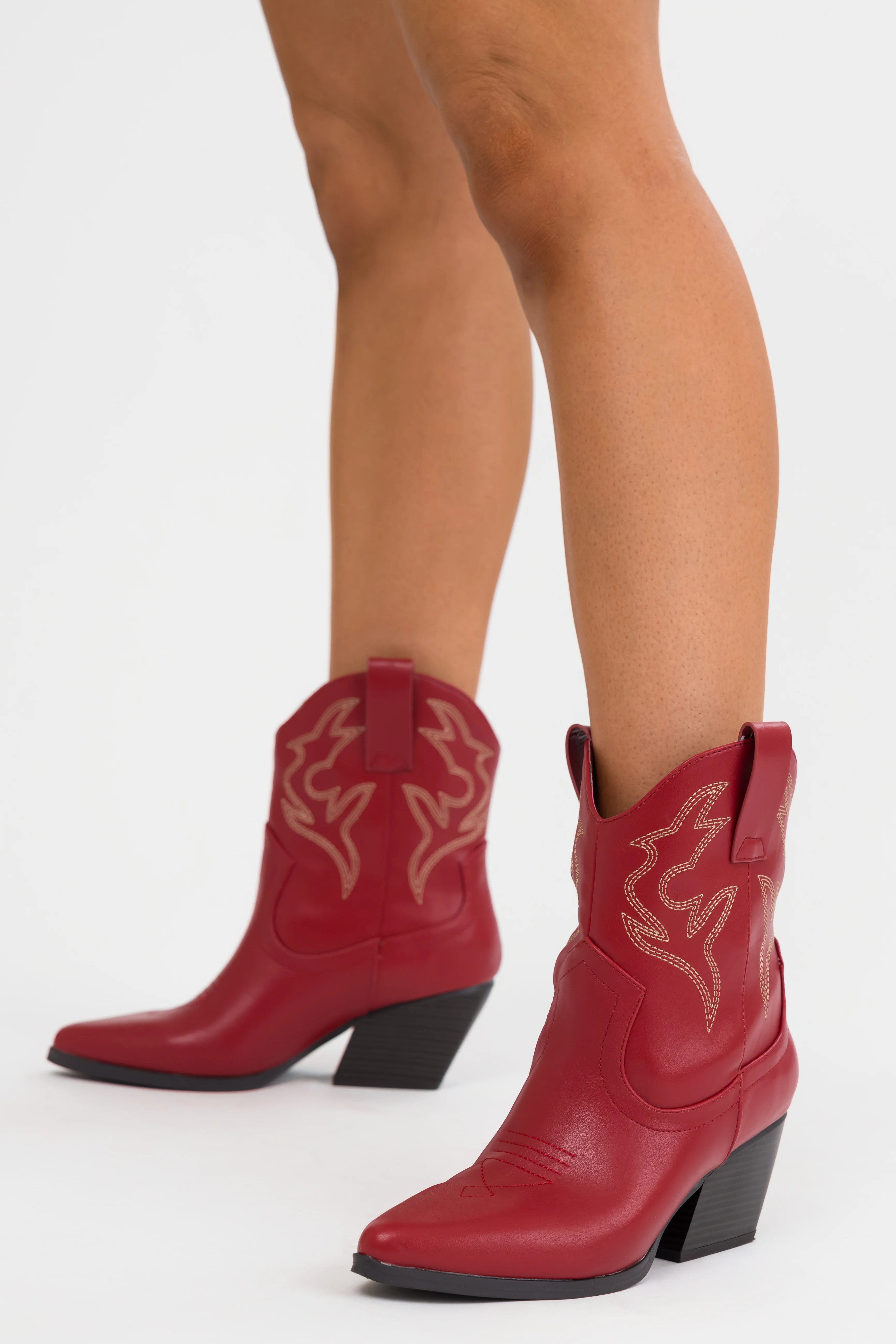 Burgundy Western Stitching Detail Ankle Booties - Image 10
