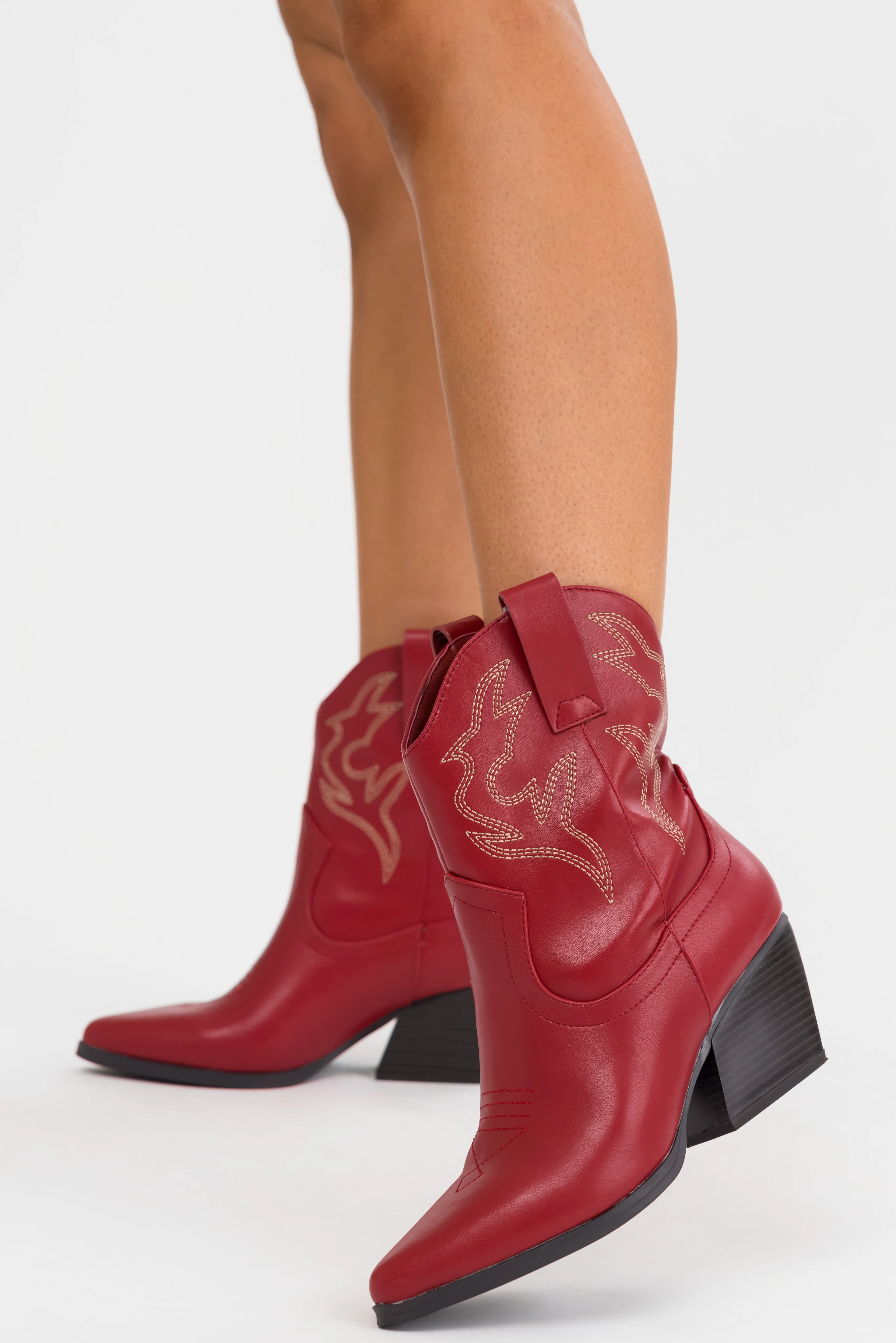 Burgundy Western Stitching Detail Ankle Booties - Image 11