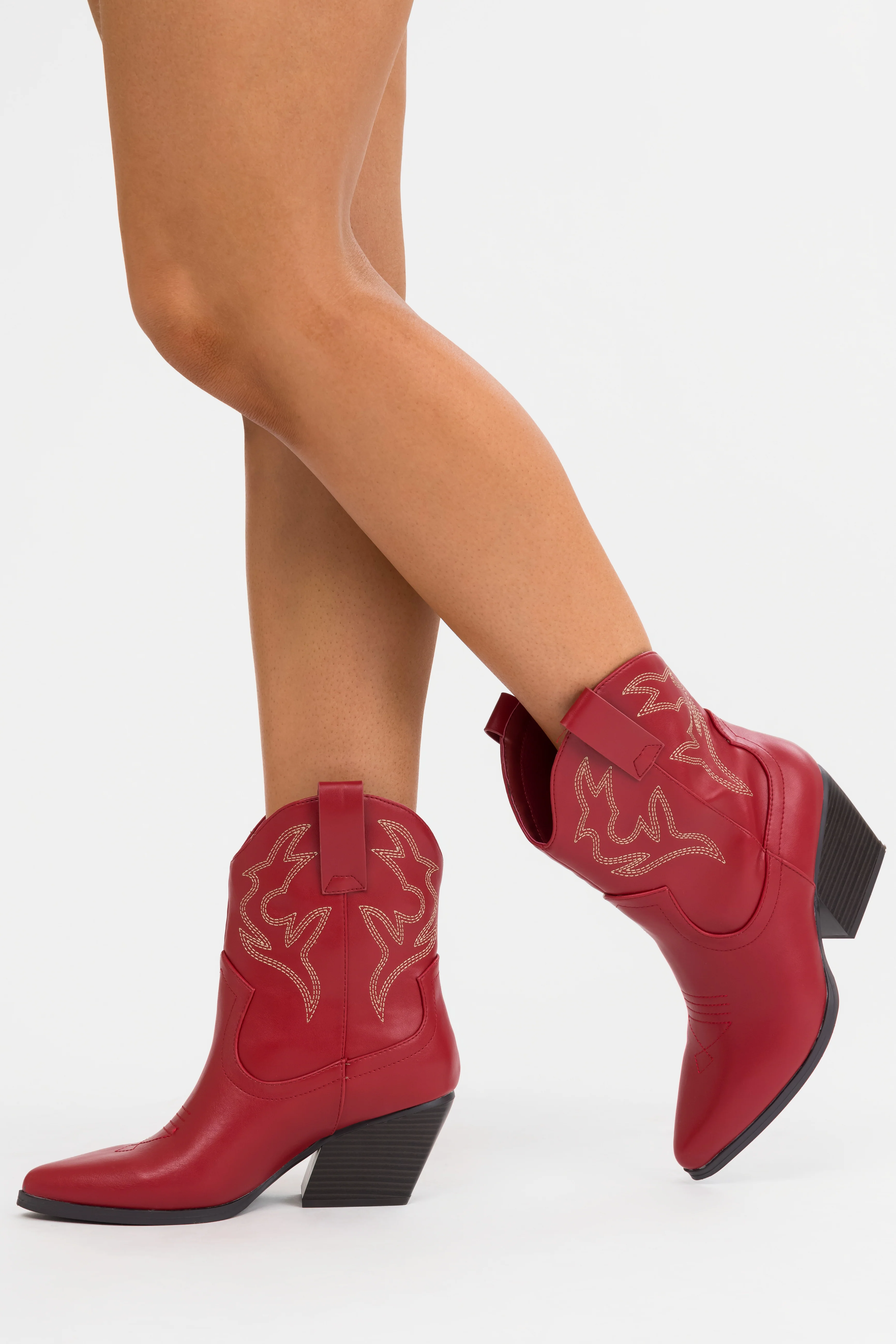 Burgundy Western Stitching Detail Ankle Booties - Image 12