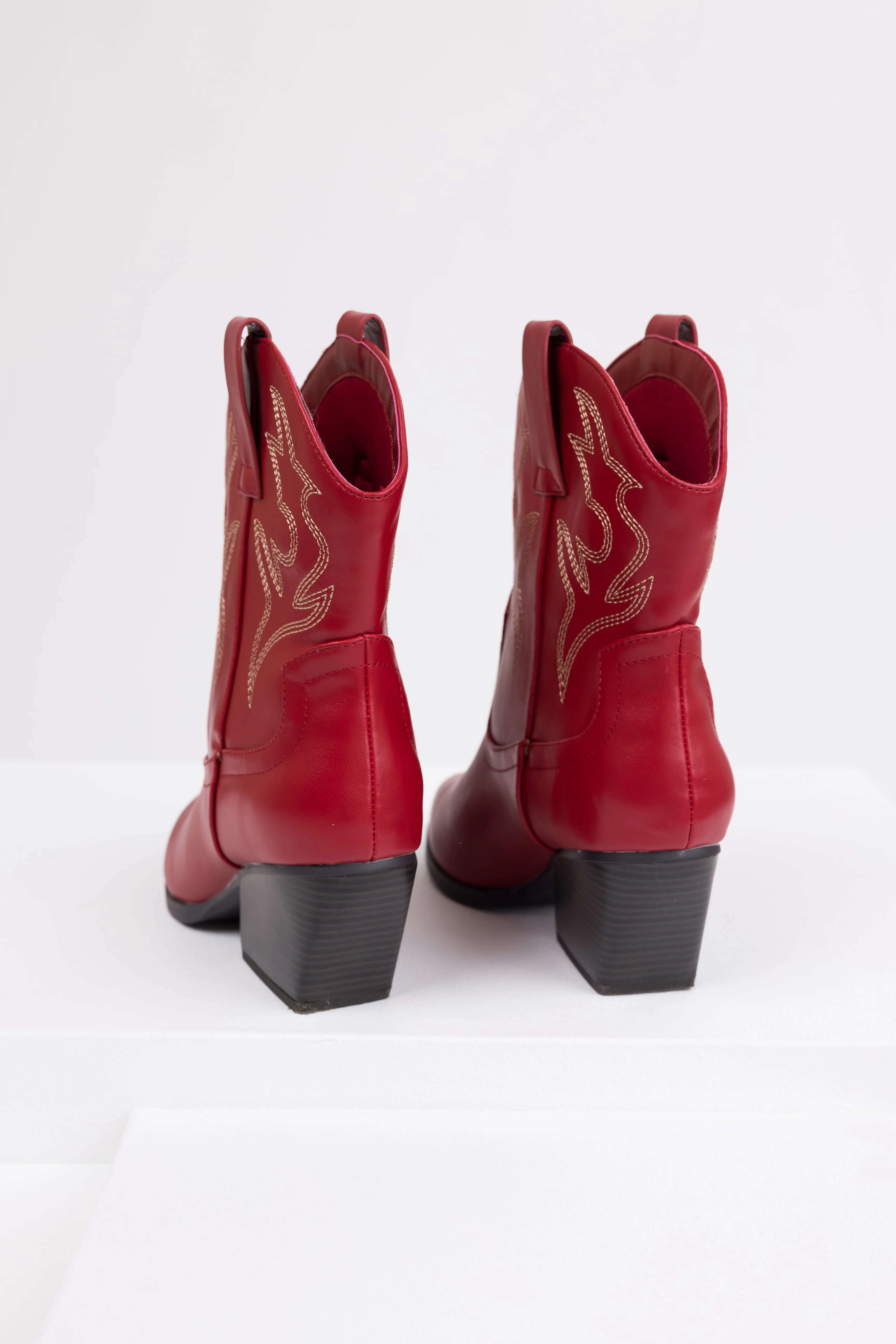 Burgundy Western Stitching Detail Ankle Booties - Image 5