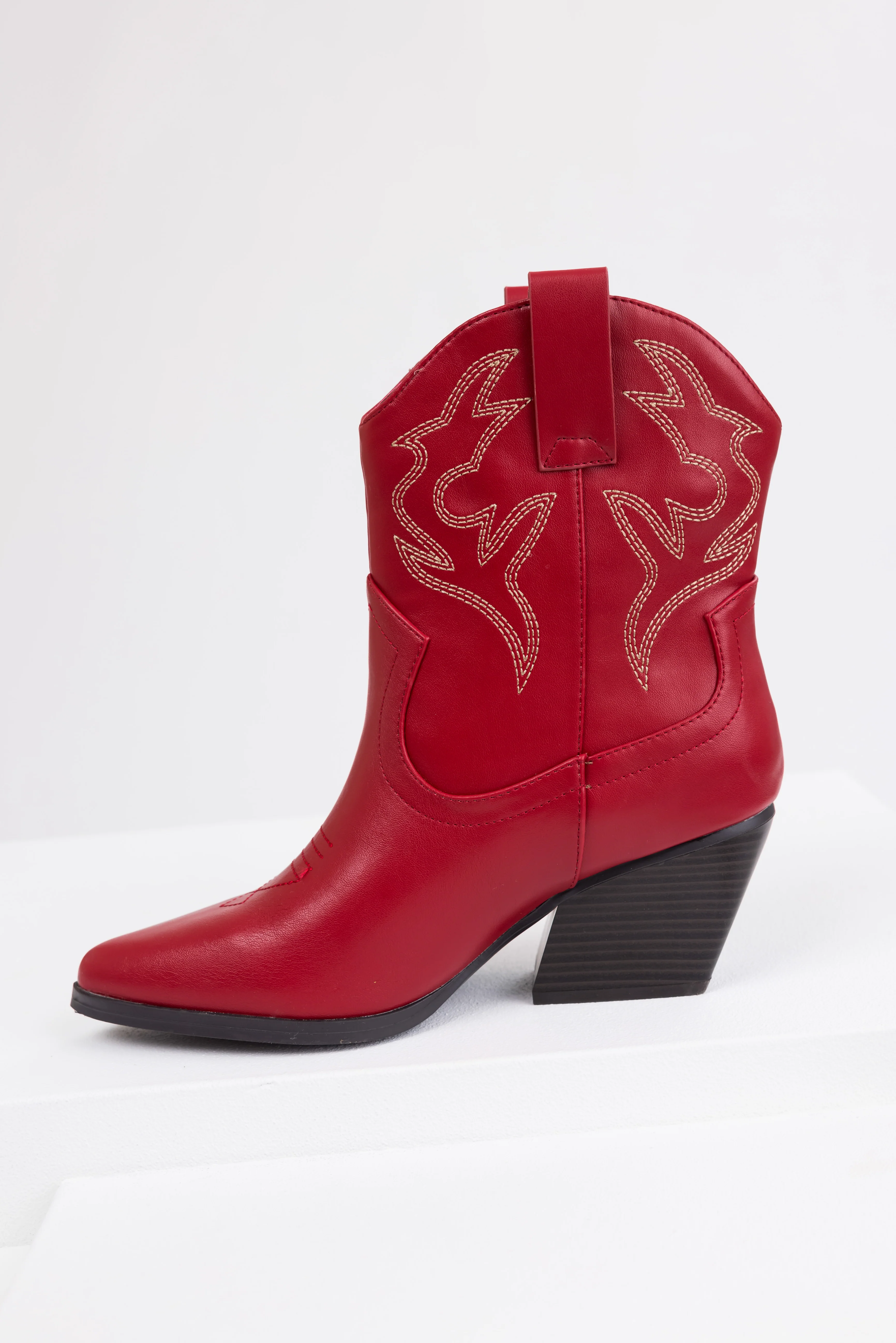Burgundy Western Stitching Detail Ankle Booties - Image 6