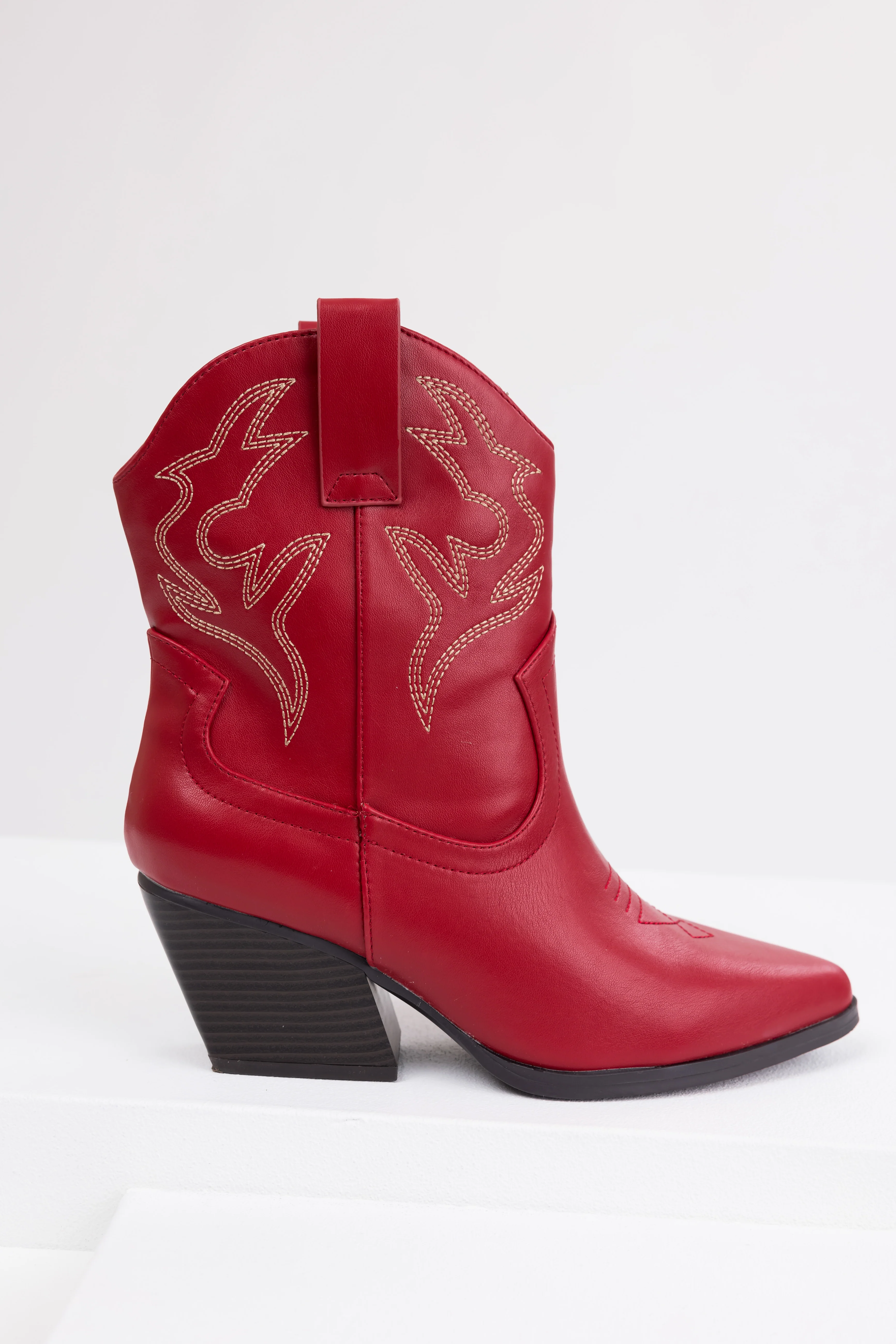 Burgundy Western Stitching Detail Ankle Booties - Image 7