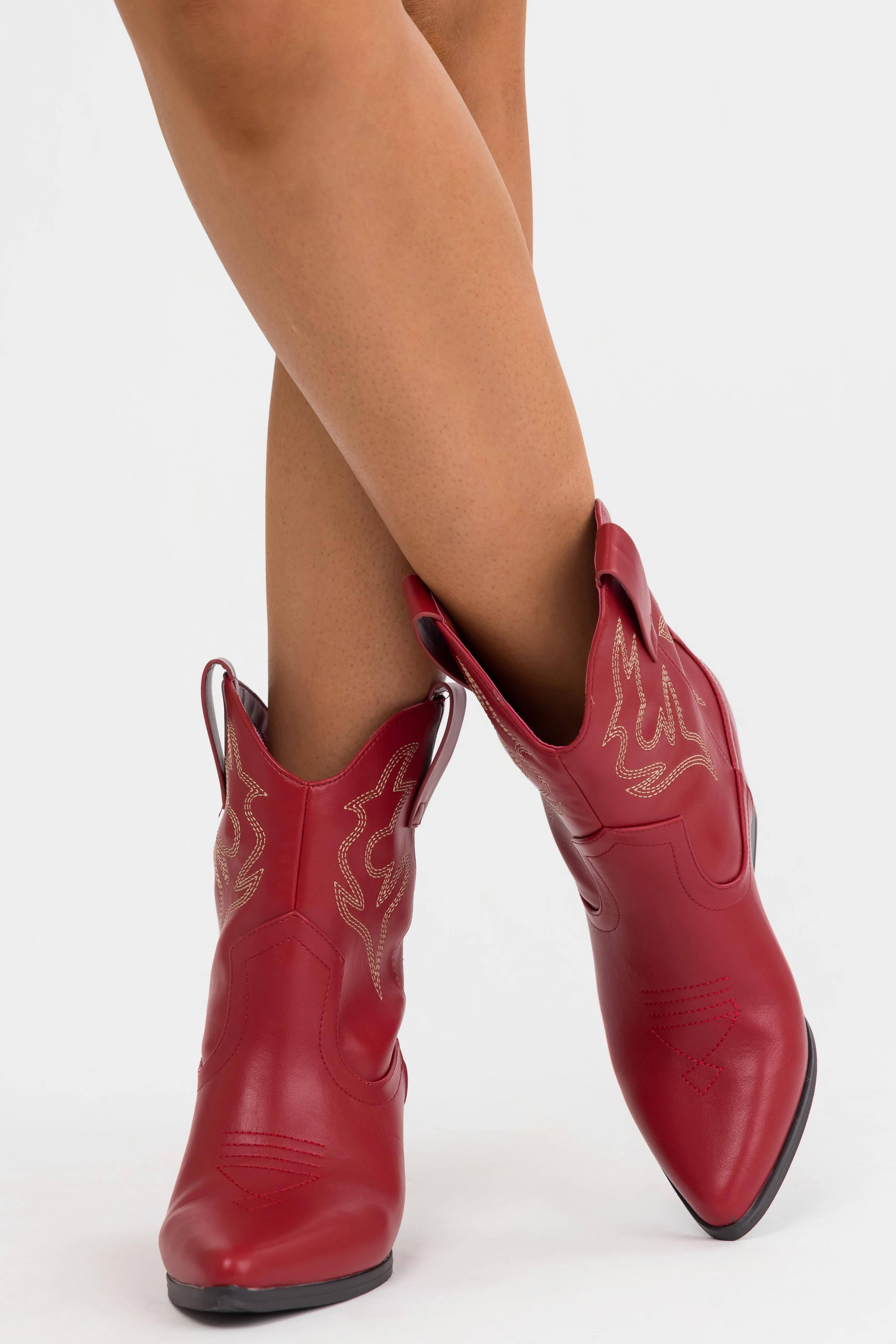Burgundy Western Stitching Detail Ankle Booties - Image 9