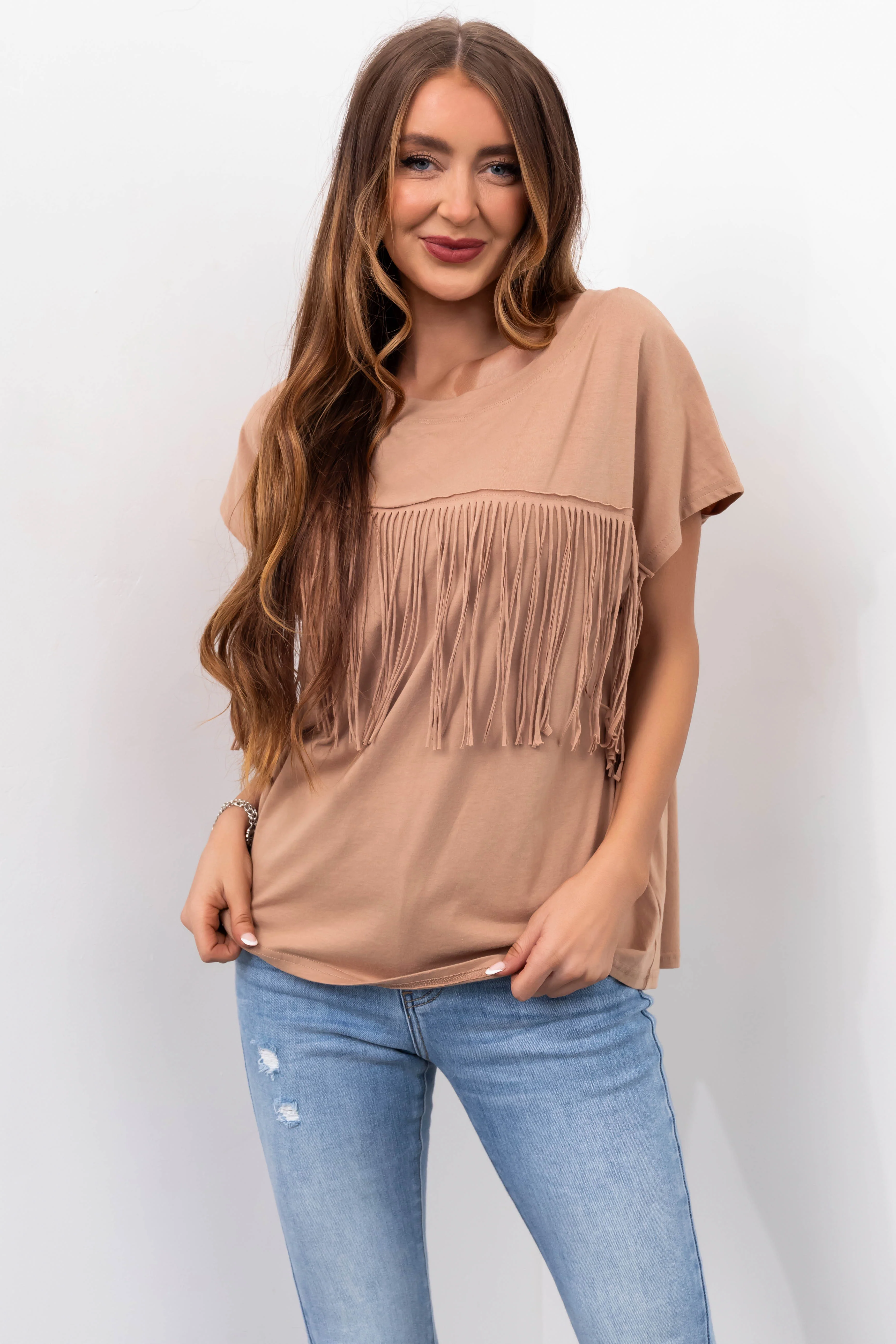 Camel Fringe Short Sleeve Knit Tee - Image 3