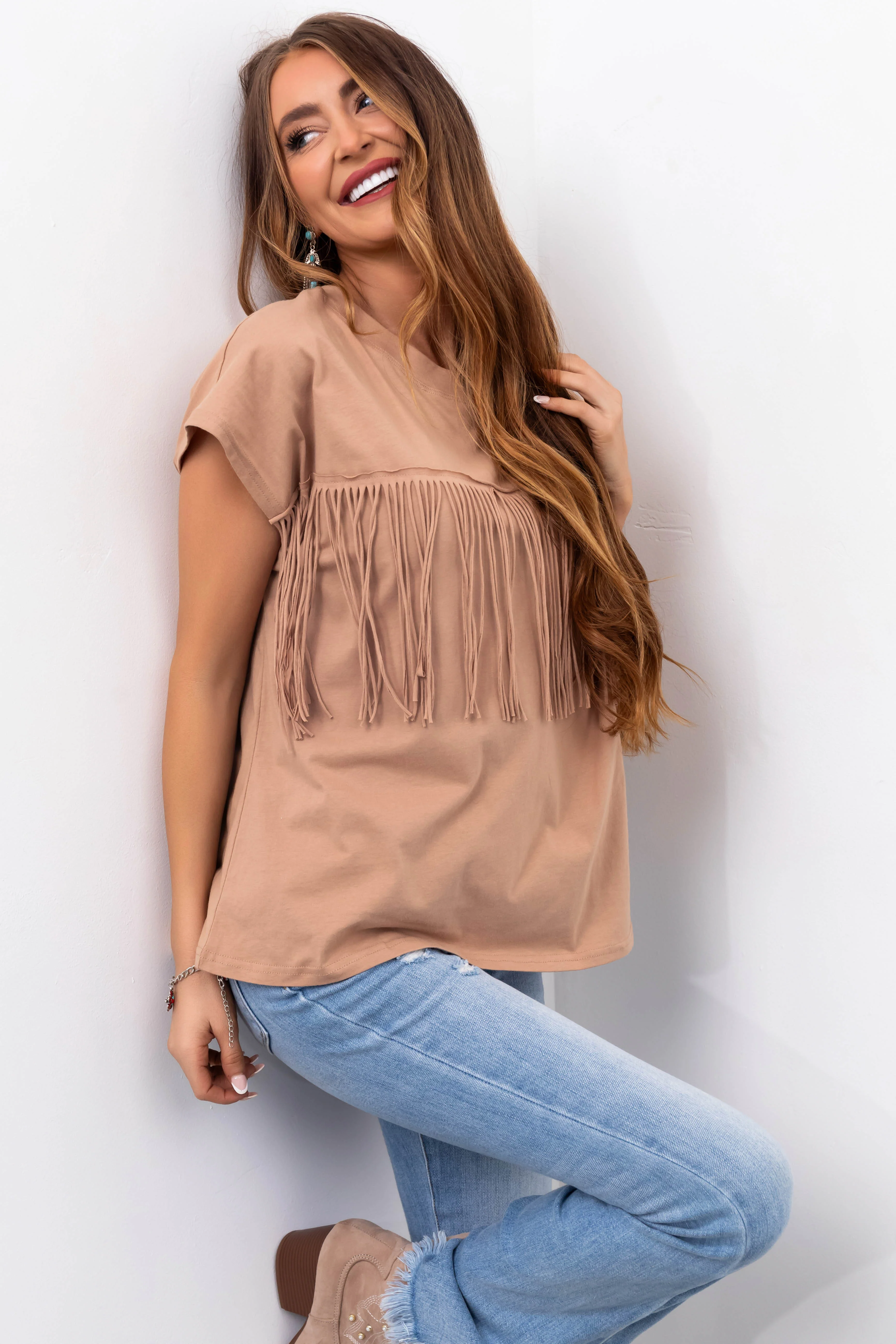Camel Fringe Short Sleeve Knit Tee - Image 6