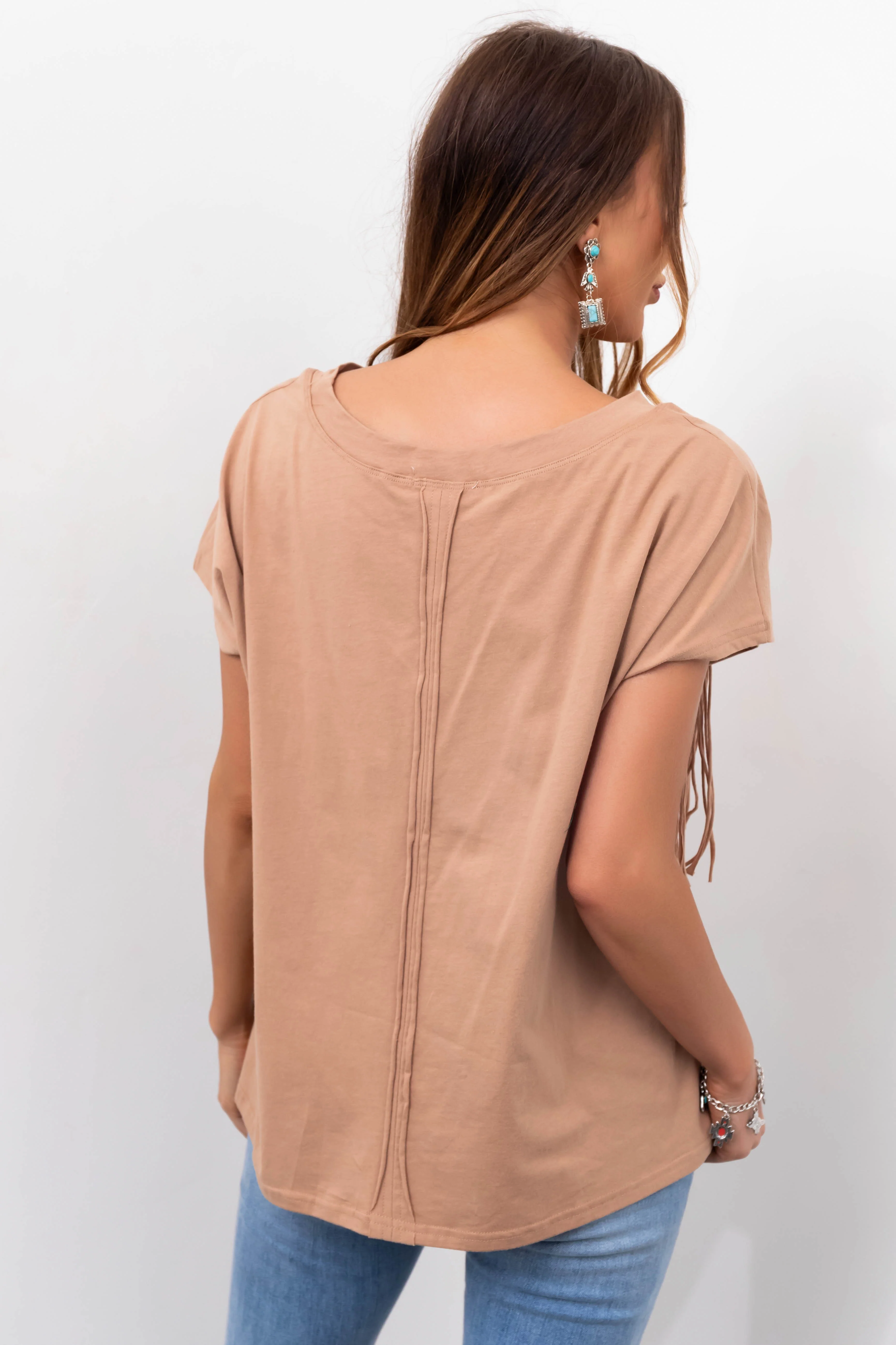 Camel Fringe Short Sleeve Knit Tee - Image 7