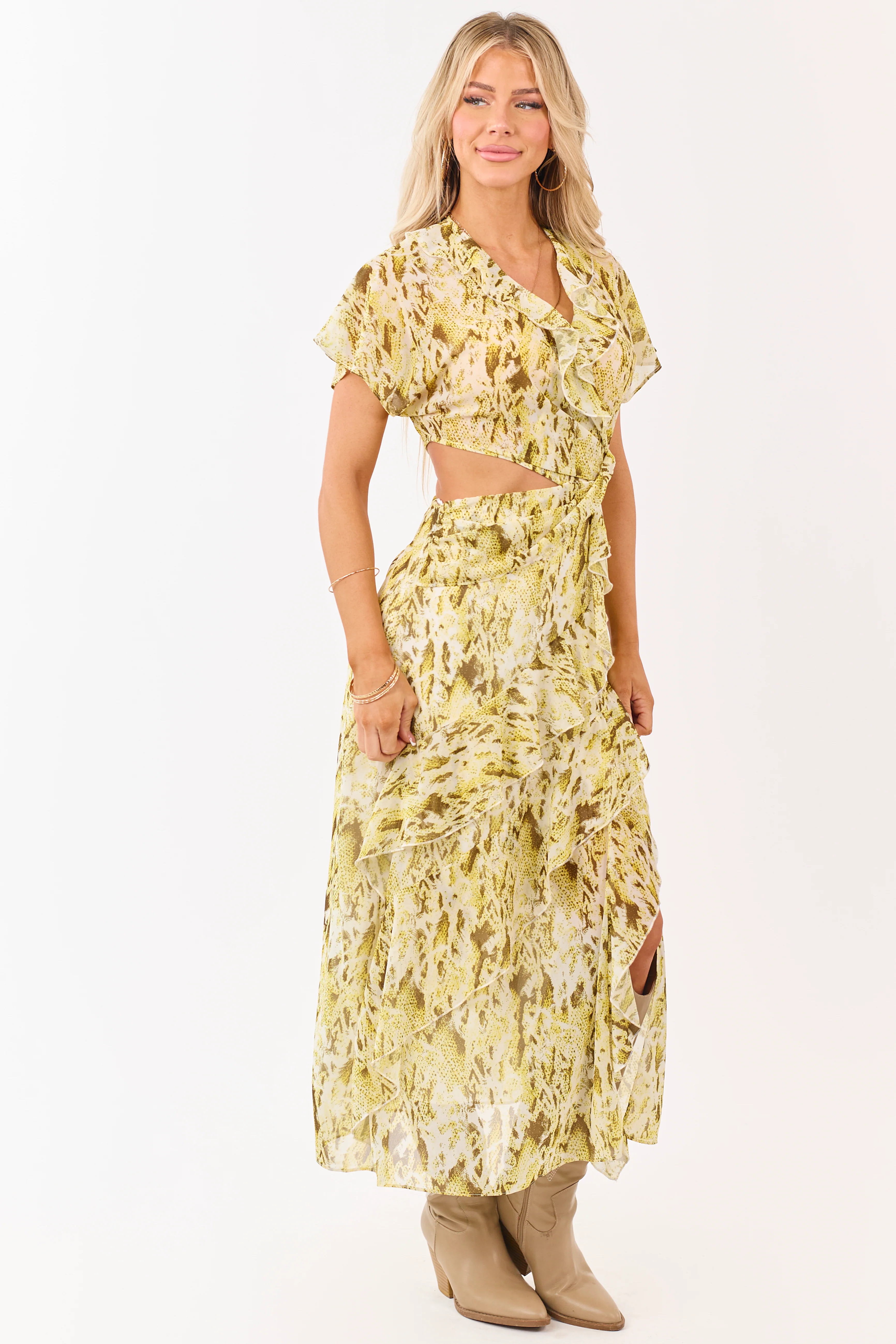 Canary Yellow Abstract Print Ruffle Chiffon Midi Dress - Image 3