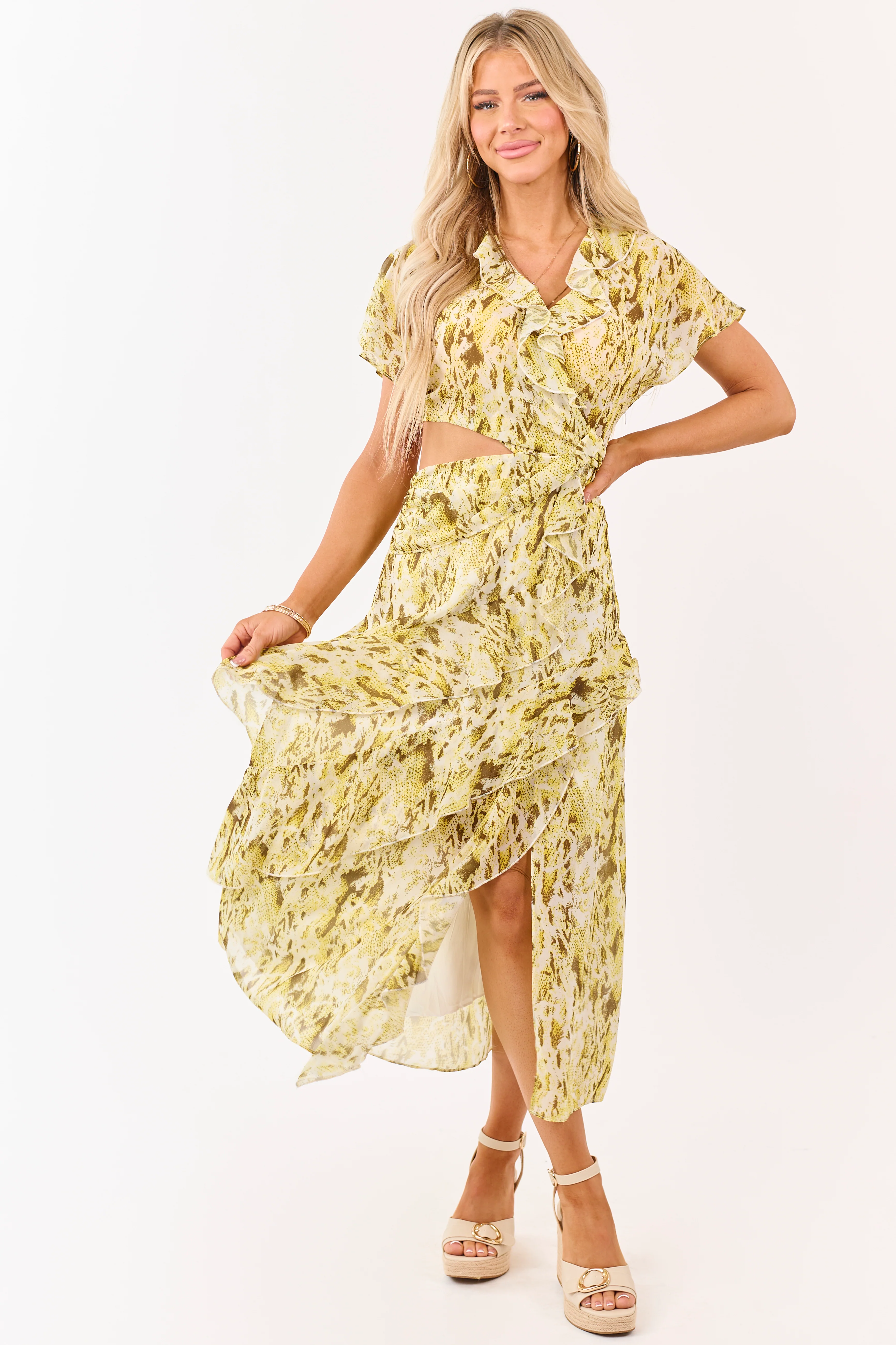 Canary Yellow Abstract Print Ruffle Chiffon Midi Dress - Image 5
