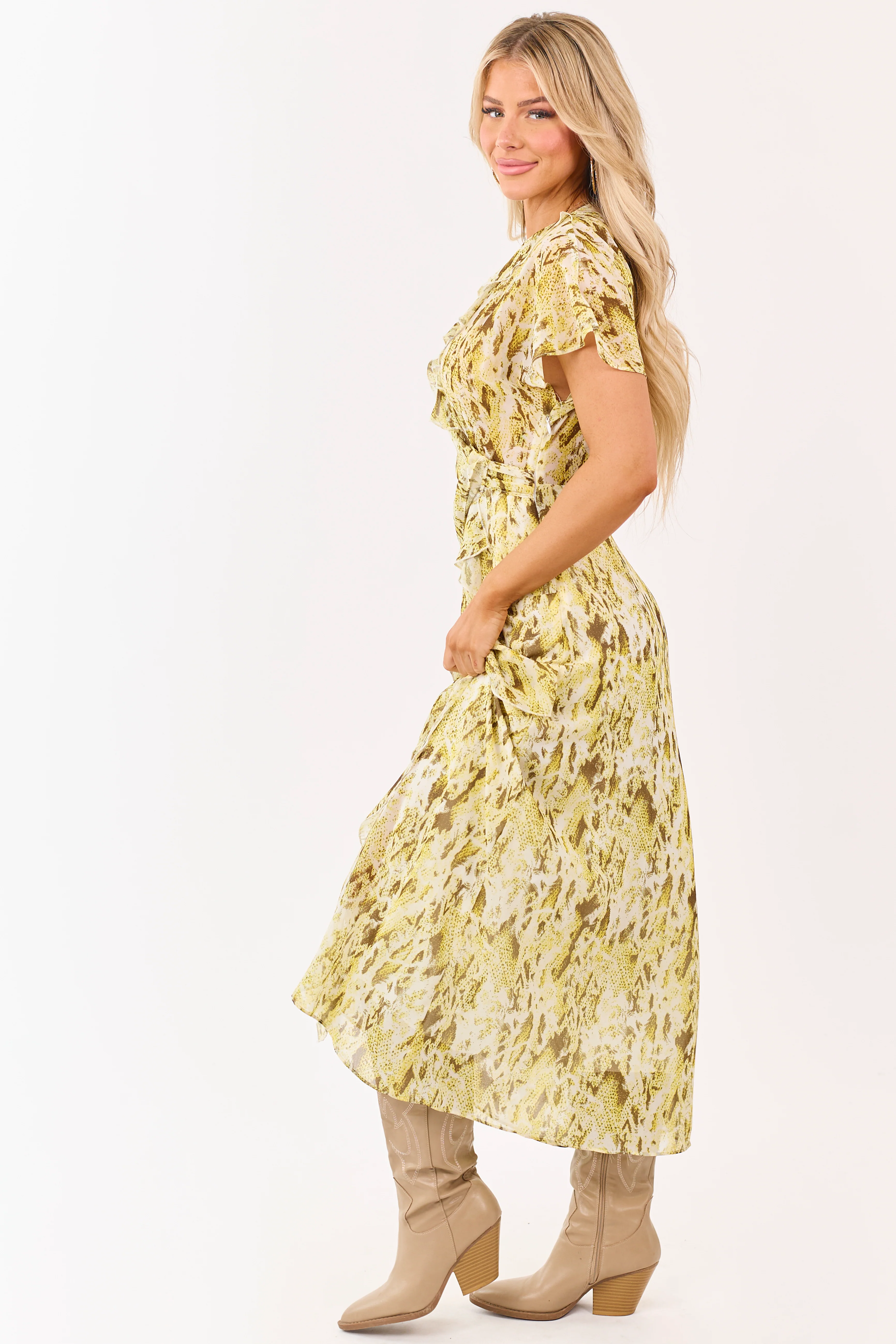 Canary Yellow Abstract Print Ruffle Chiffon Midi Dress - Image 6
