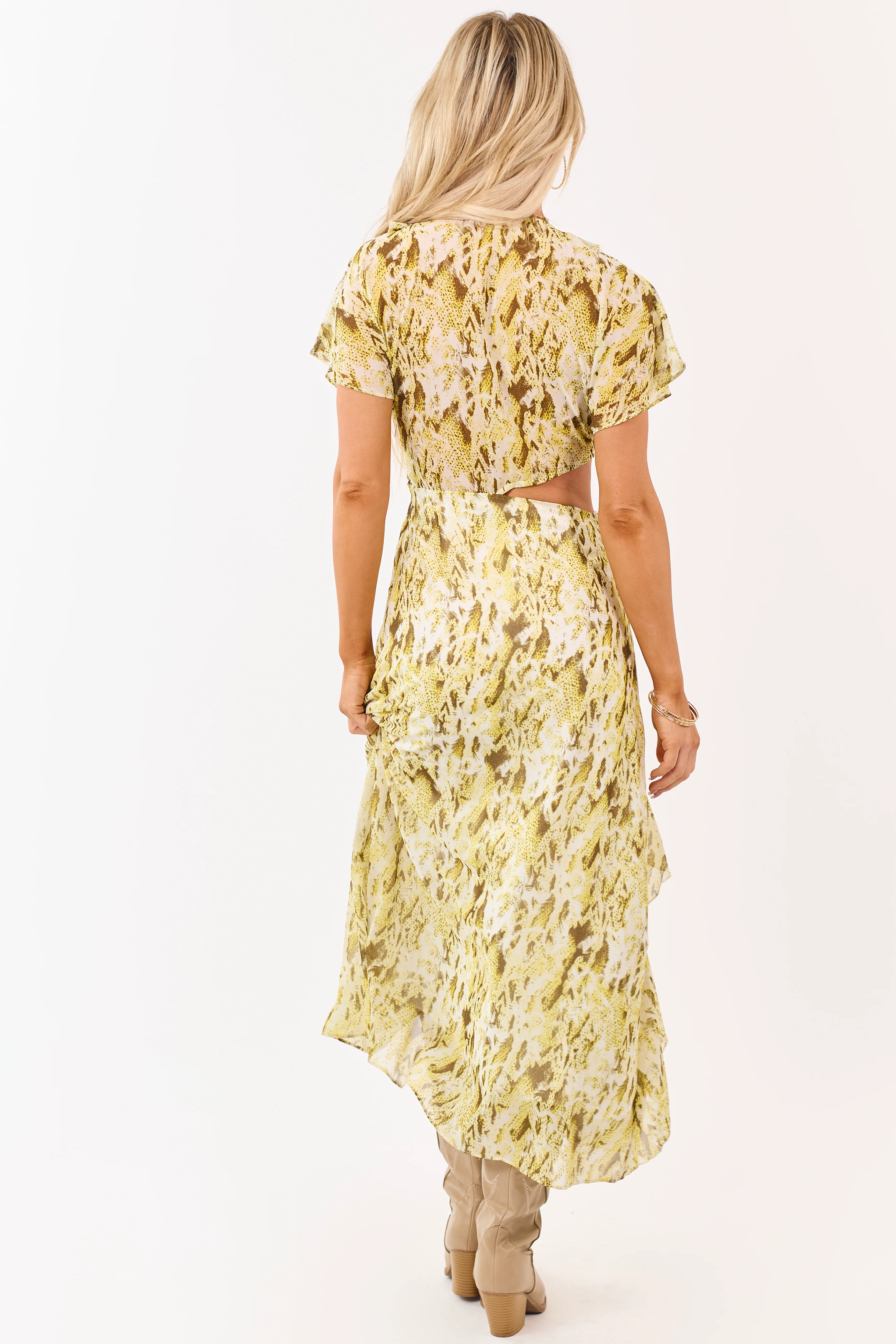 Canary Yellow Abstract Print Ruffle Chiffon Midi Dress - Image 7
