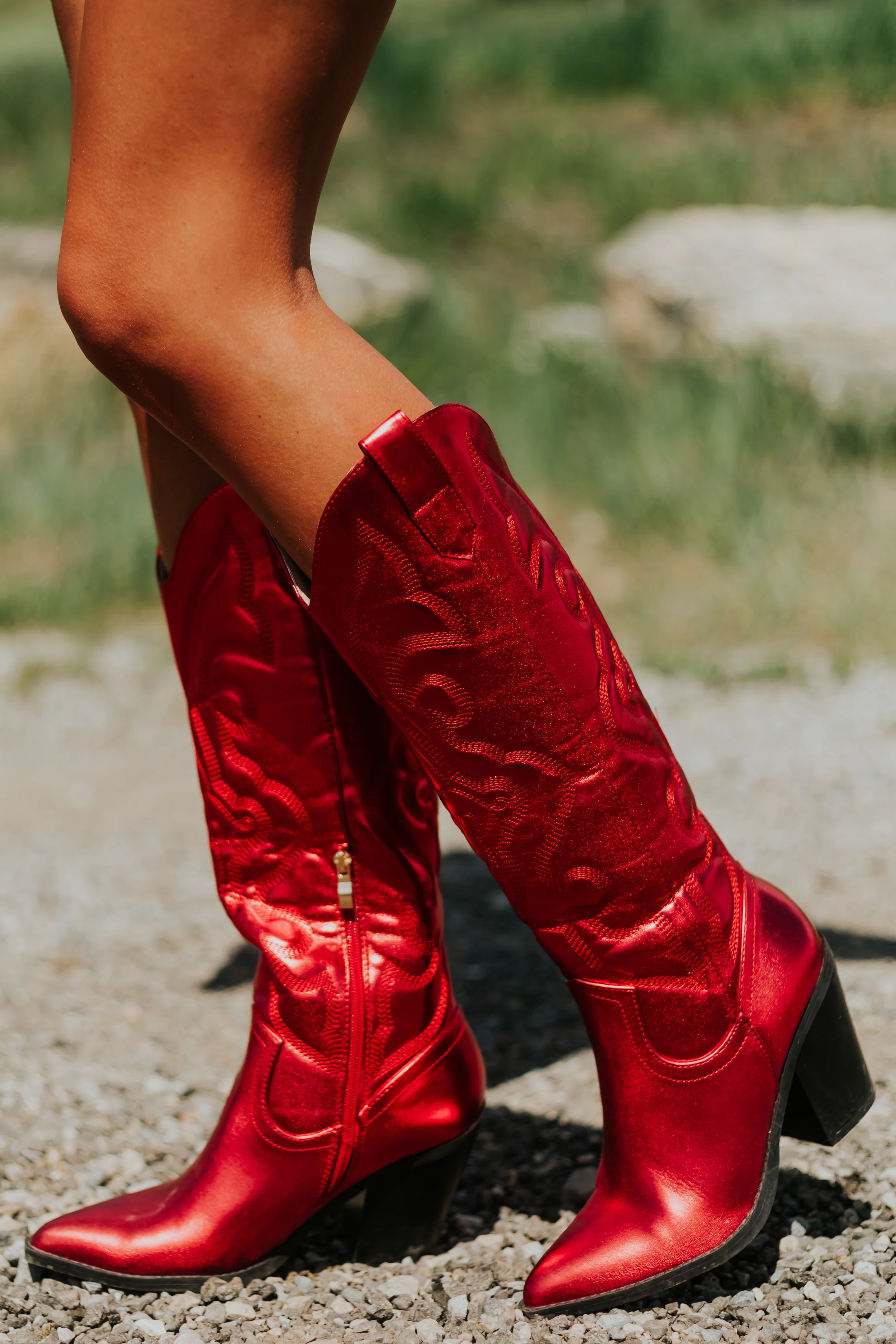 Candy Apple Red Faux Leather Metallic Western Boots - Image 3