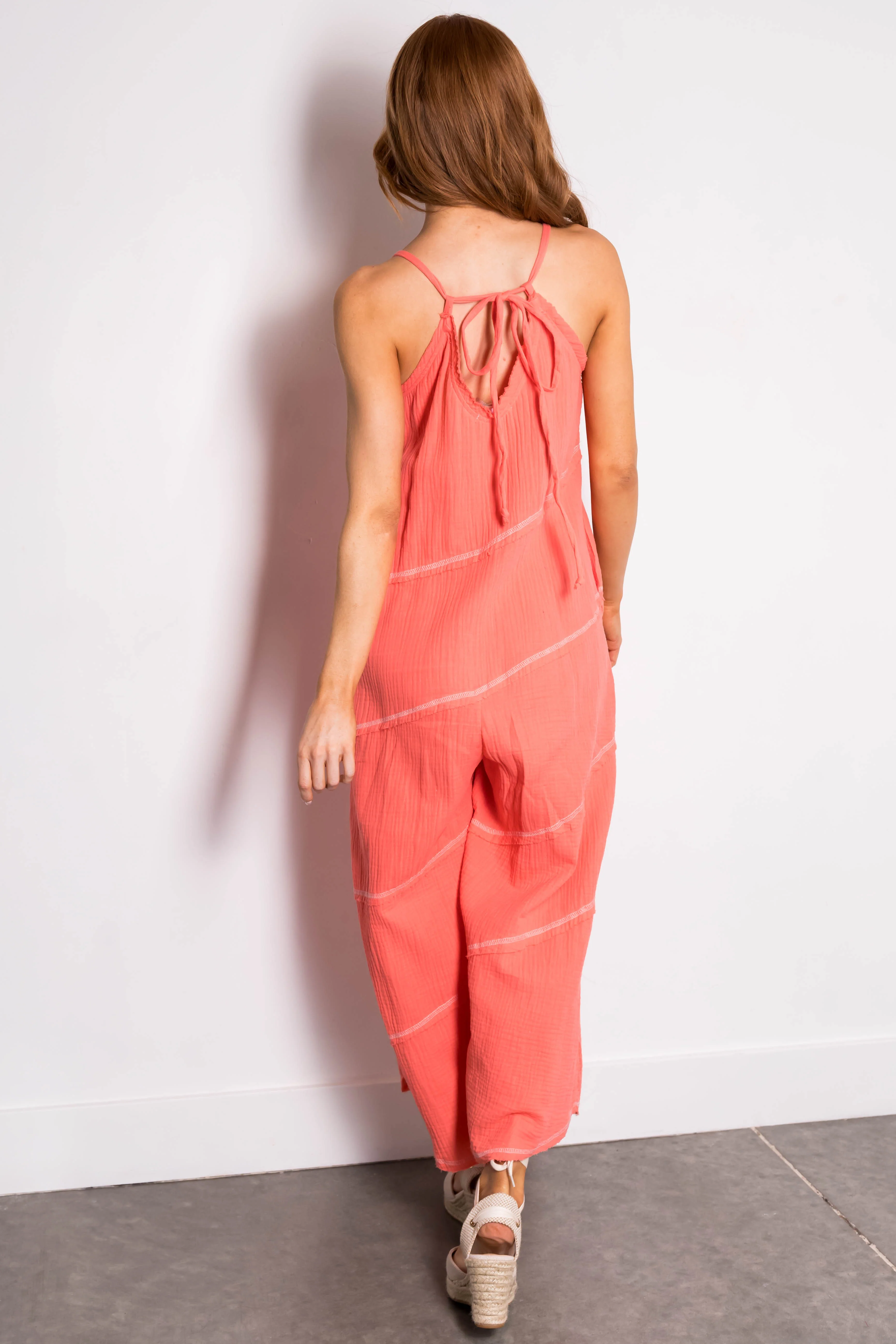 Coral Sleeveless Seam Details V Neck Jumpsuit - Image 5