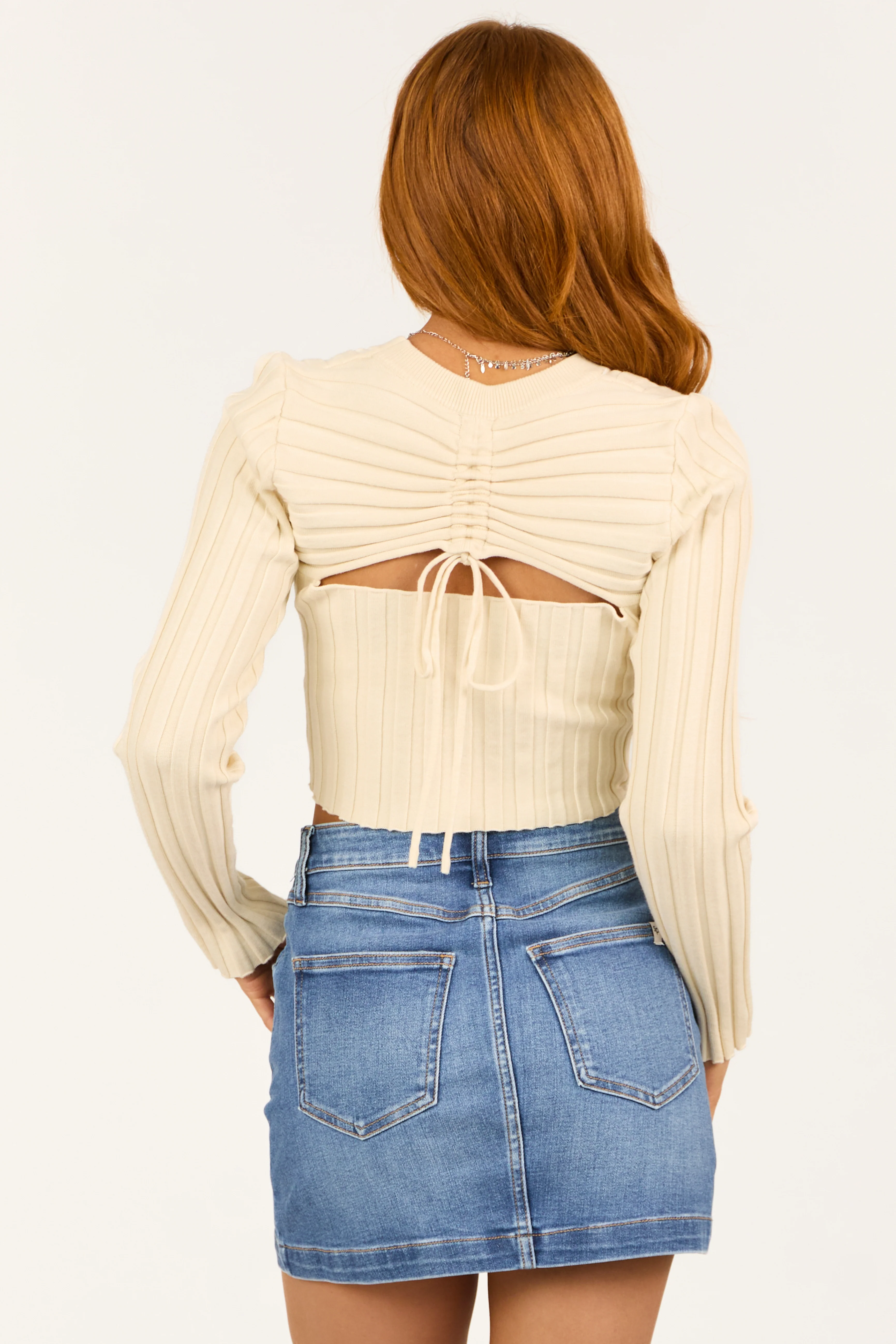 Cream Open Back Ribbed Long Sleeve Cropped Top - Image 5