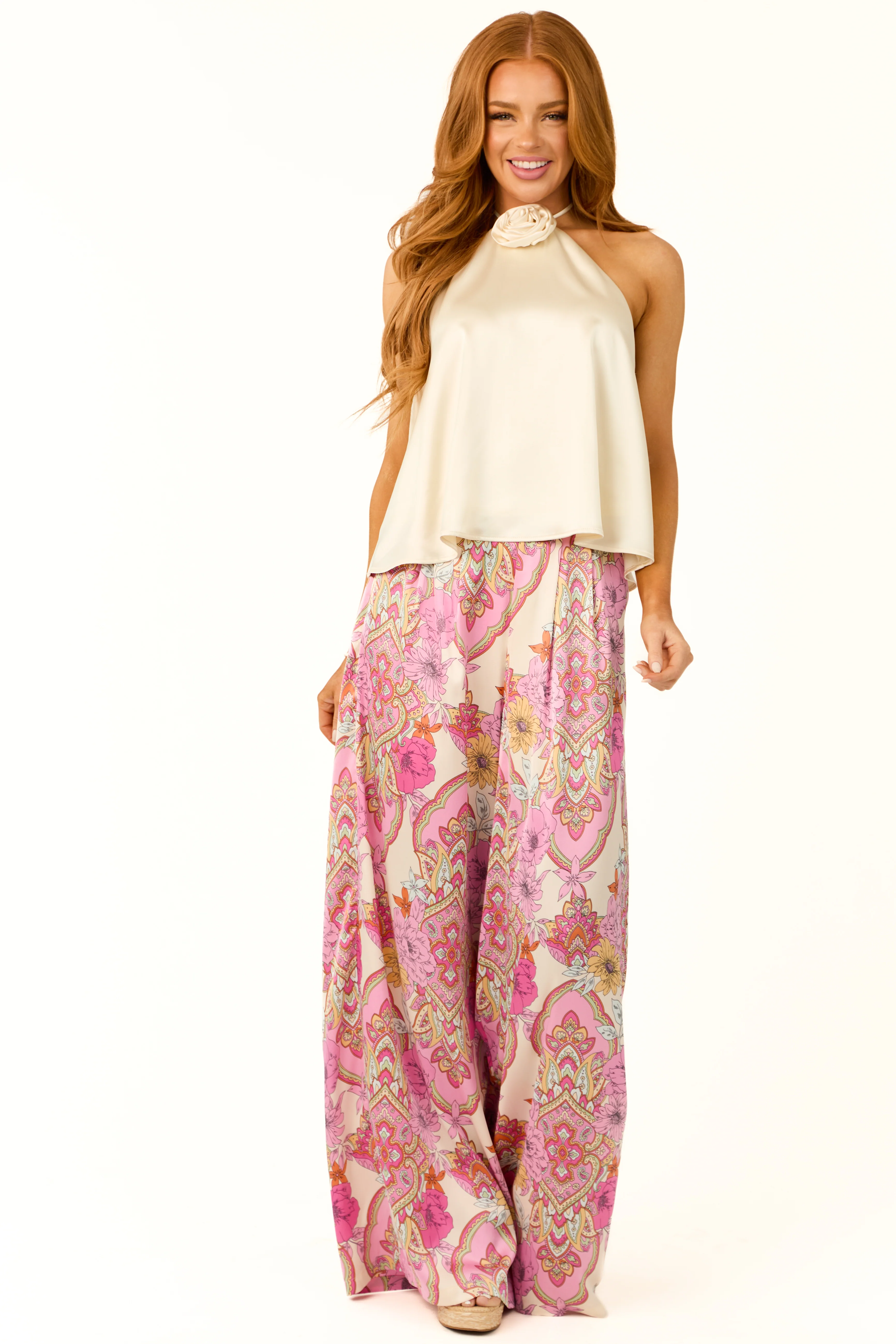 Cream Satin Halter Tank Top with Rose Accent - Image 3