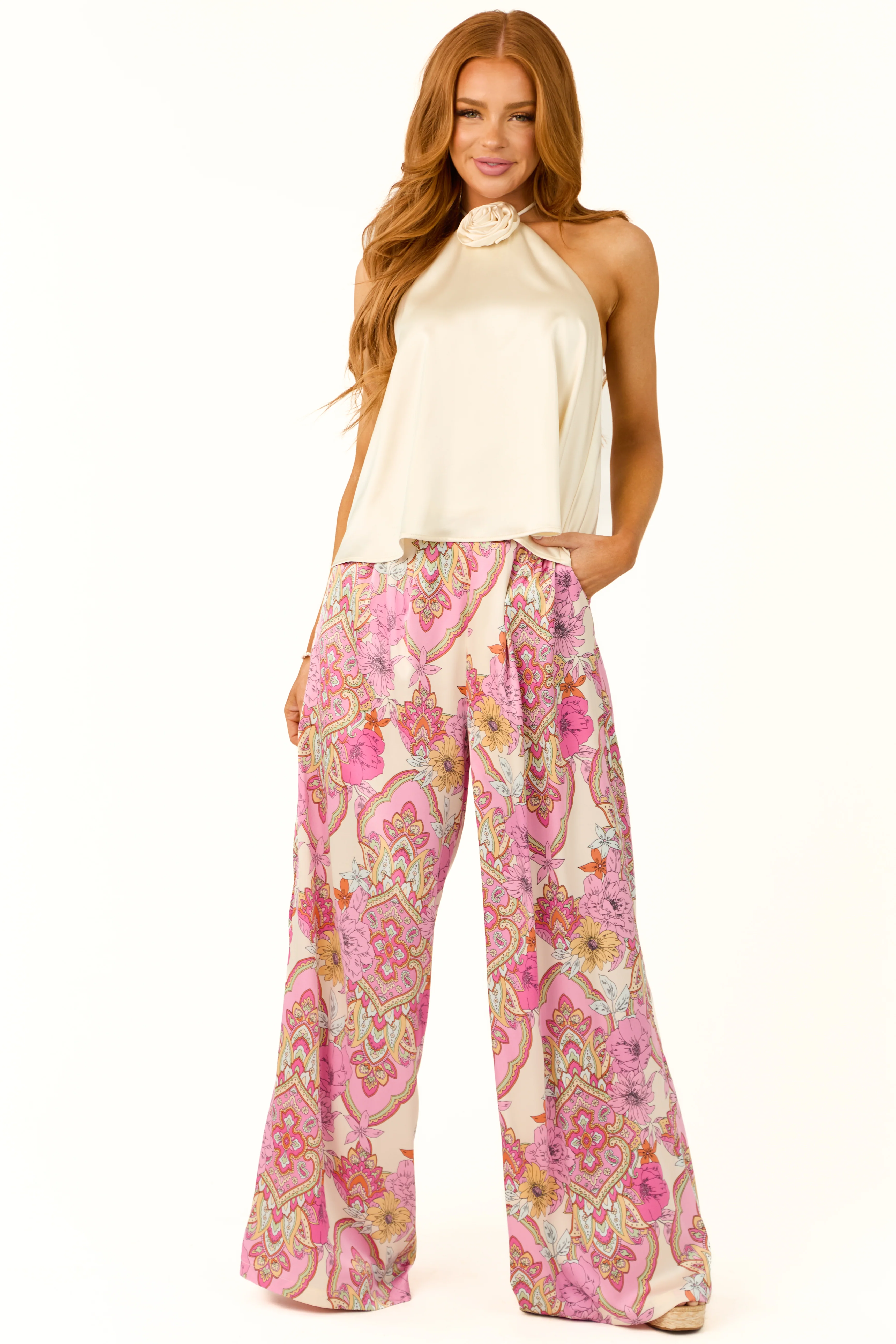 Cream Satin Halter Tank Top with Rose Accent - Image 4