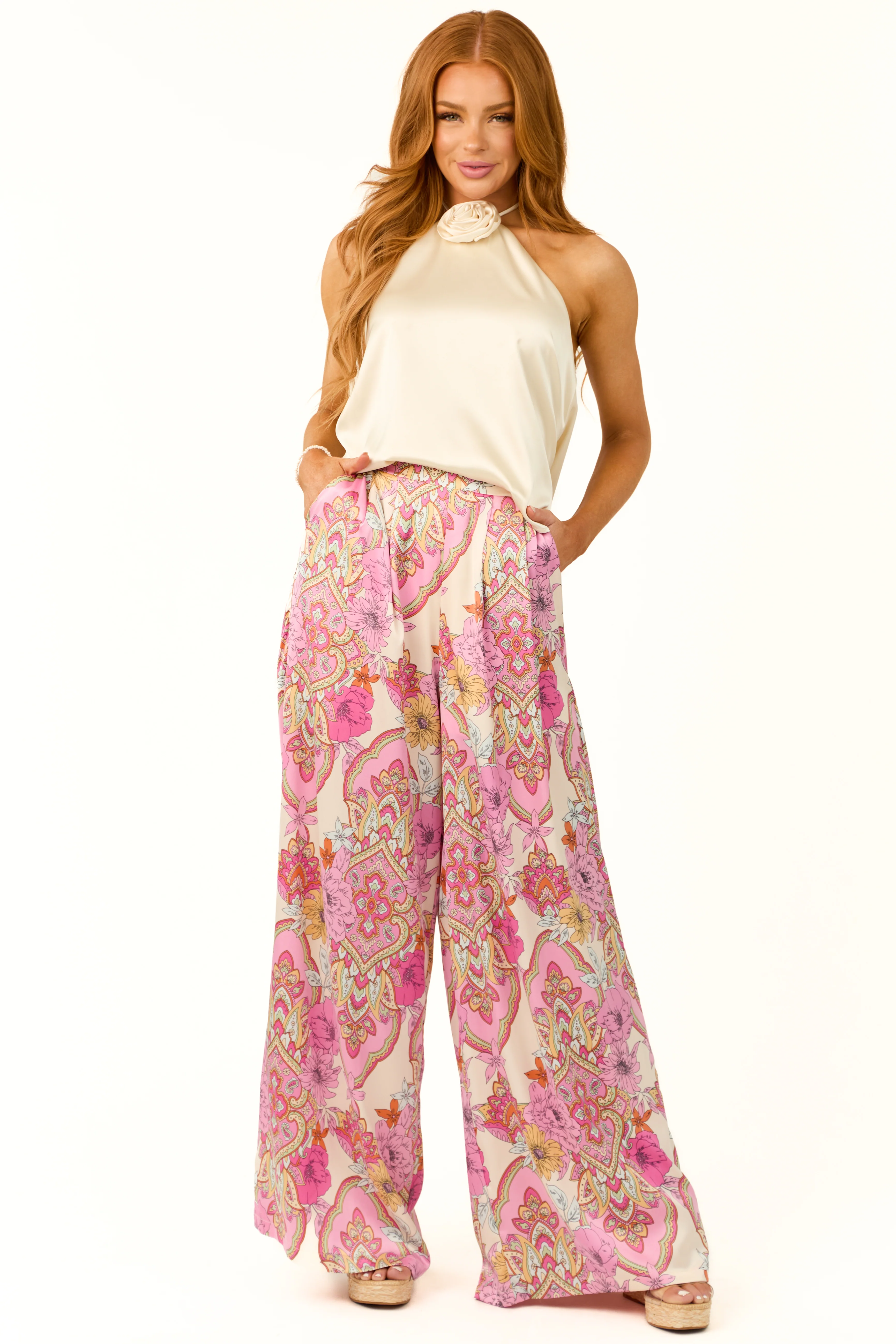 Cream Satin Halter Tank Top with Rose Accent - Image 5