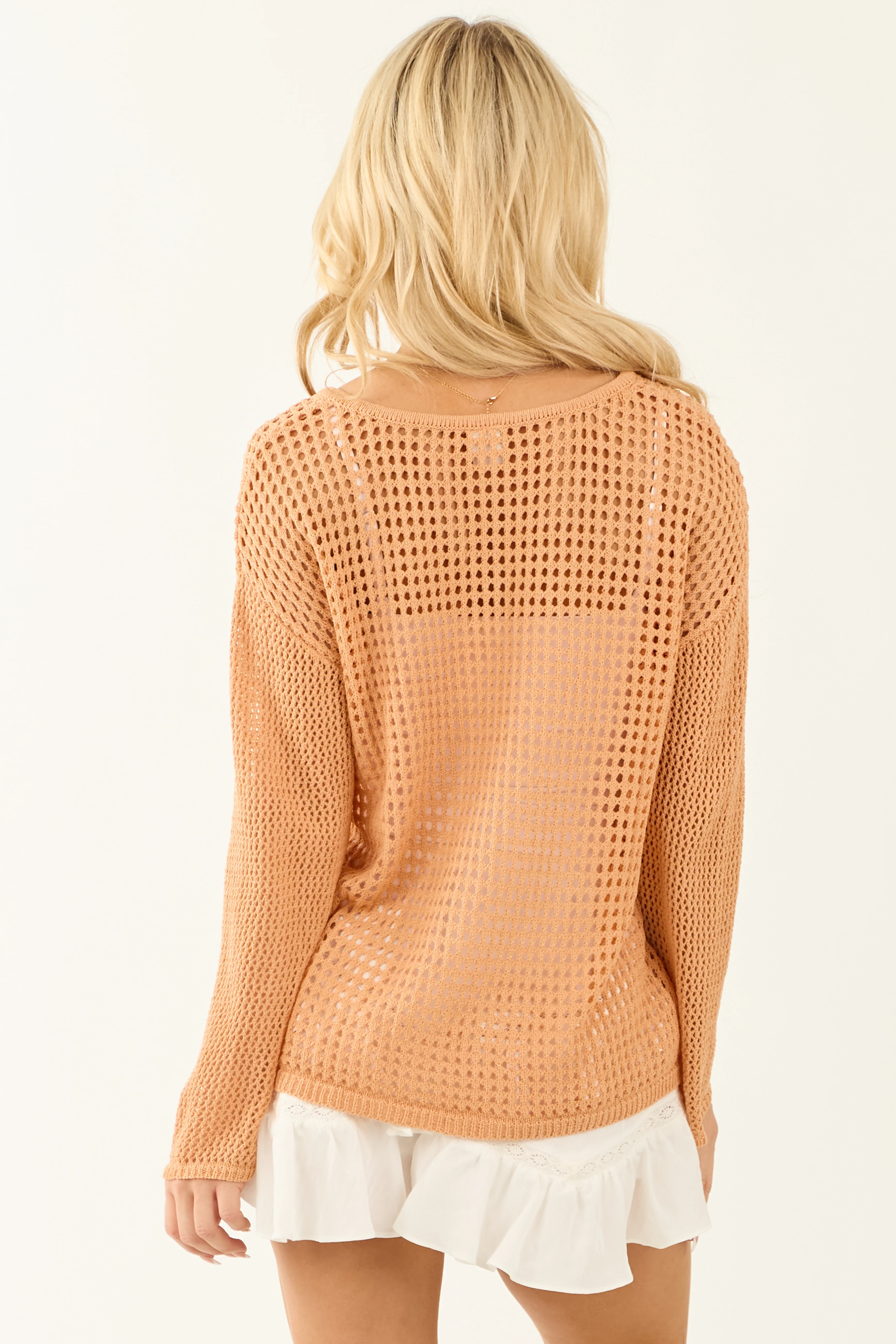 Deep Melon Open Crochet V Neck Long Sleeve Sweater - Image 5