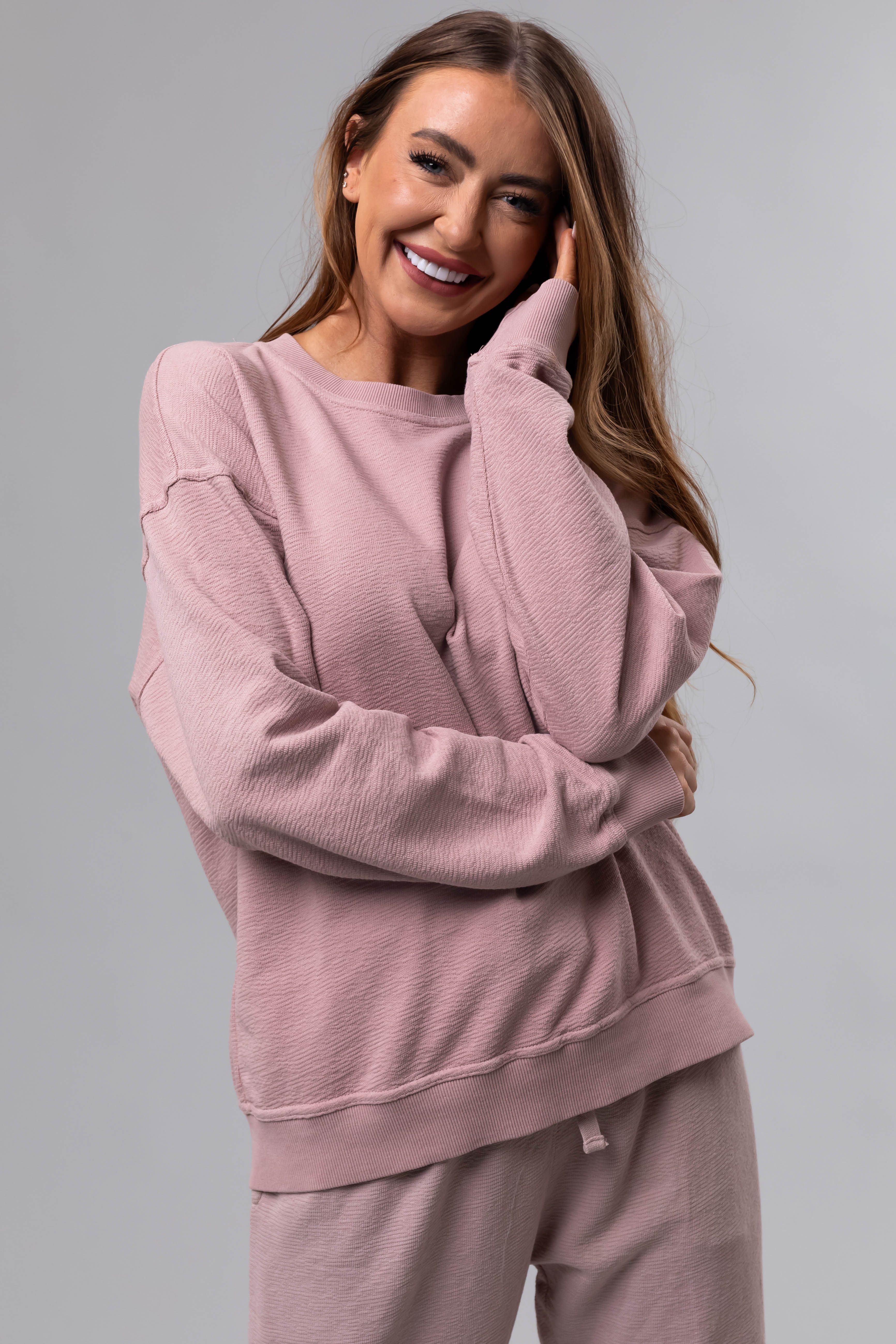 Dusty Blush Textured Cotton Crew Neck Sweatshirt - Image 4