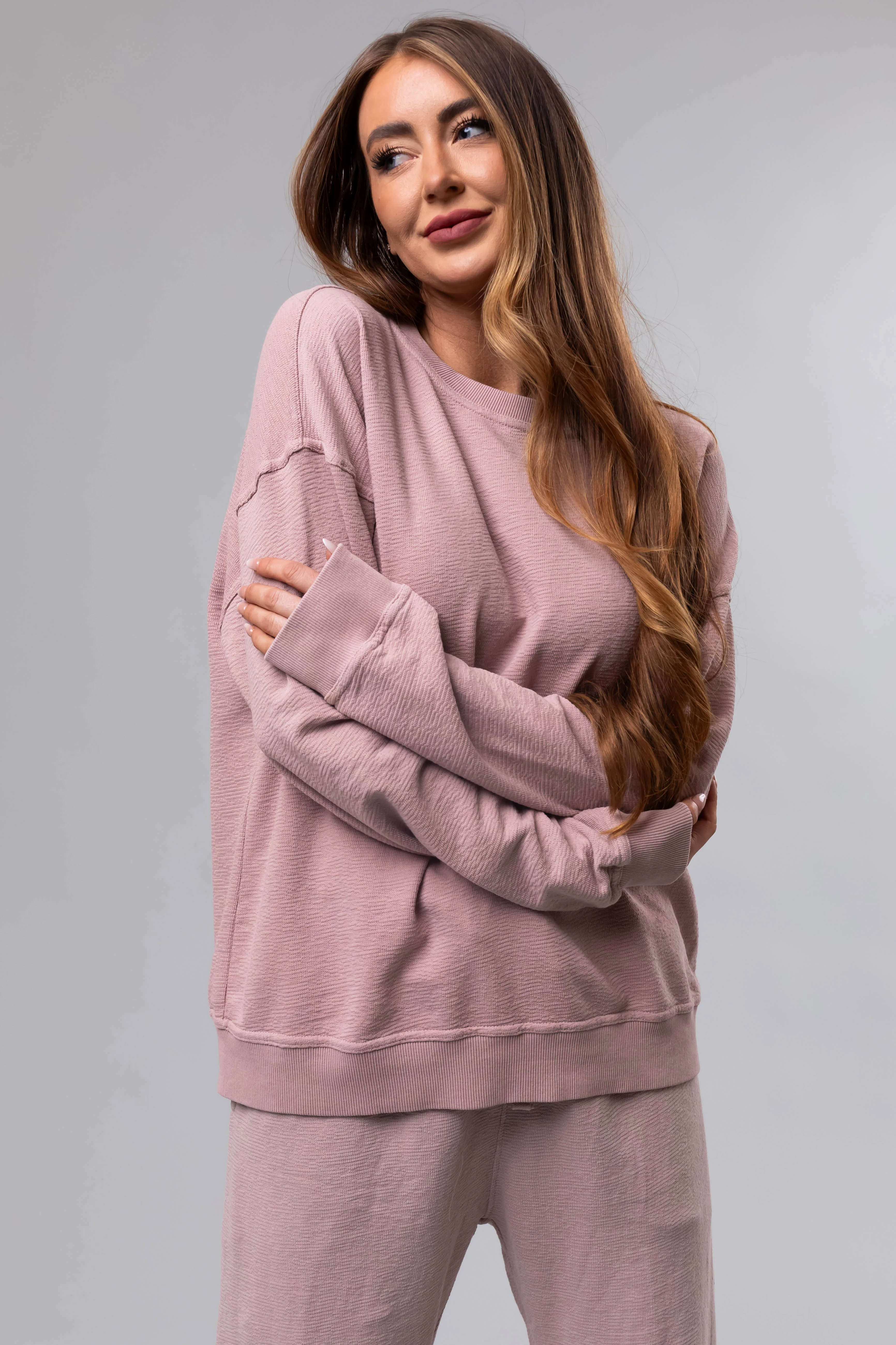 Dusty Blush Textured Cotton Crew Neck Sweatshirt - Image 5