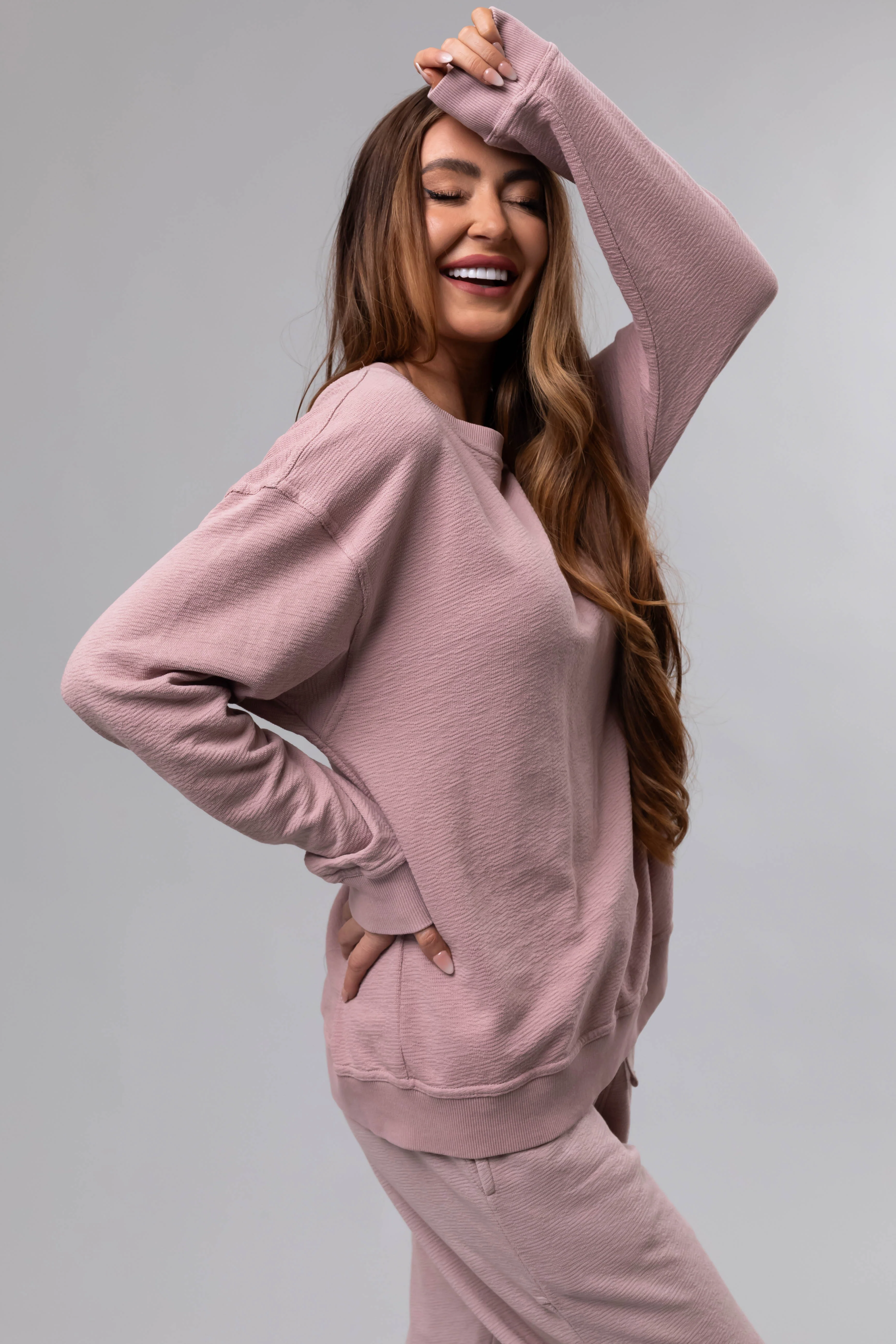 Dusty Blush Textured Cotton Crew Neck Sweatshirt - Image 6