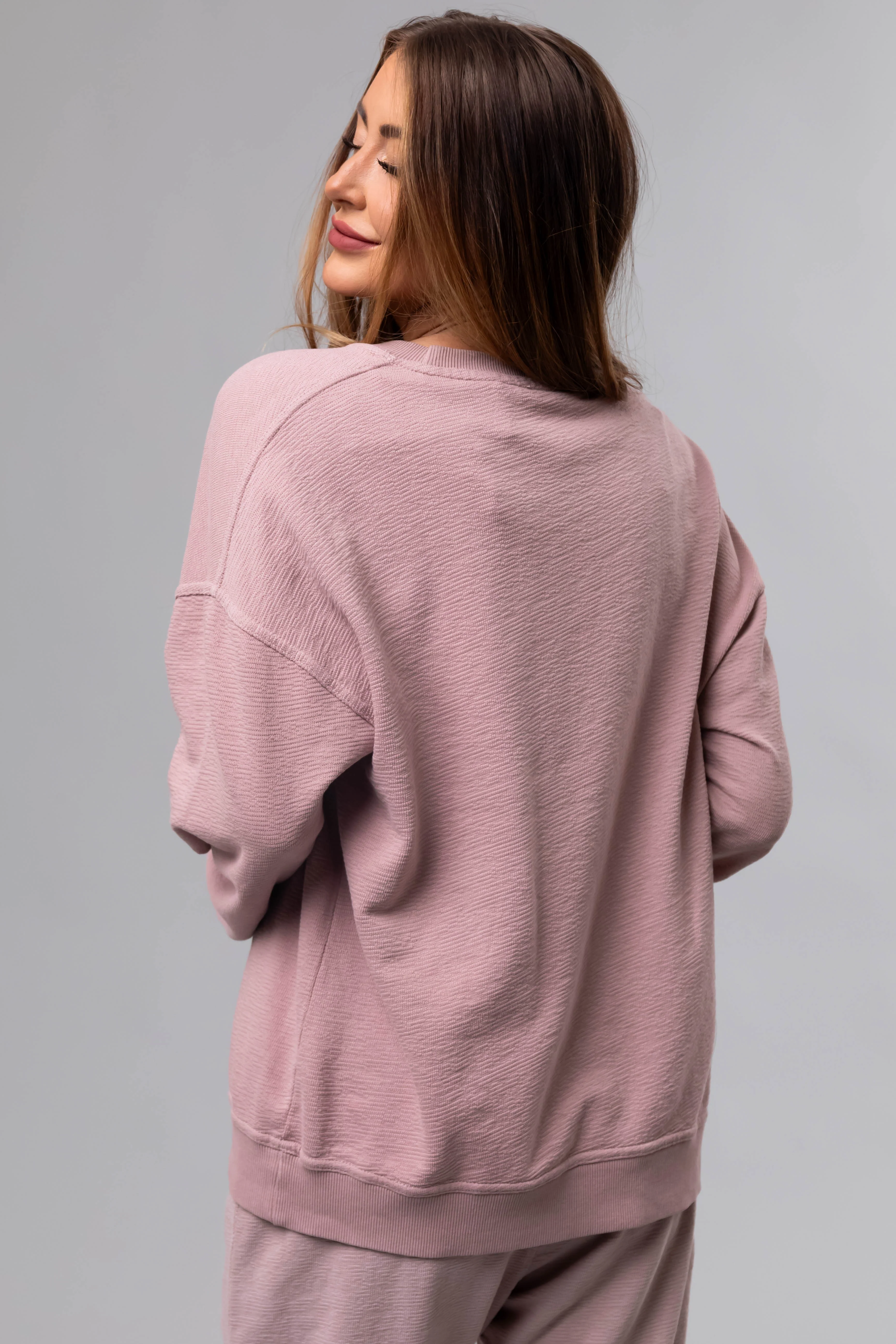 Dusty Blush Textured Cotton Crew Neck Sweatshirt - Image 7