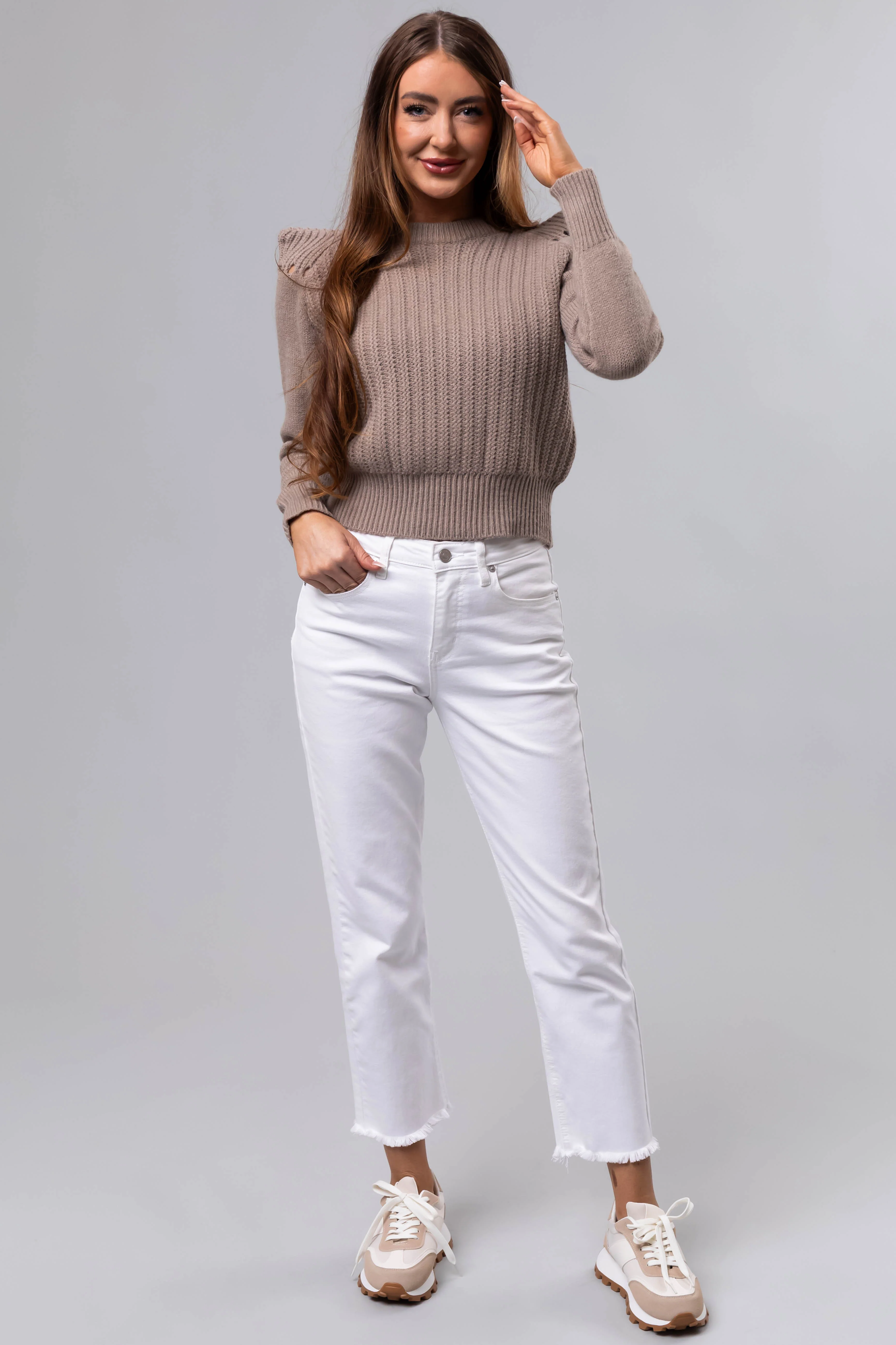 Dusty Walnut Pleated Shoulder Knit Sweater - Image 3
