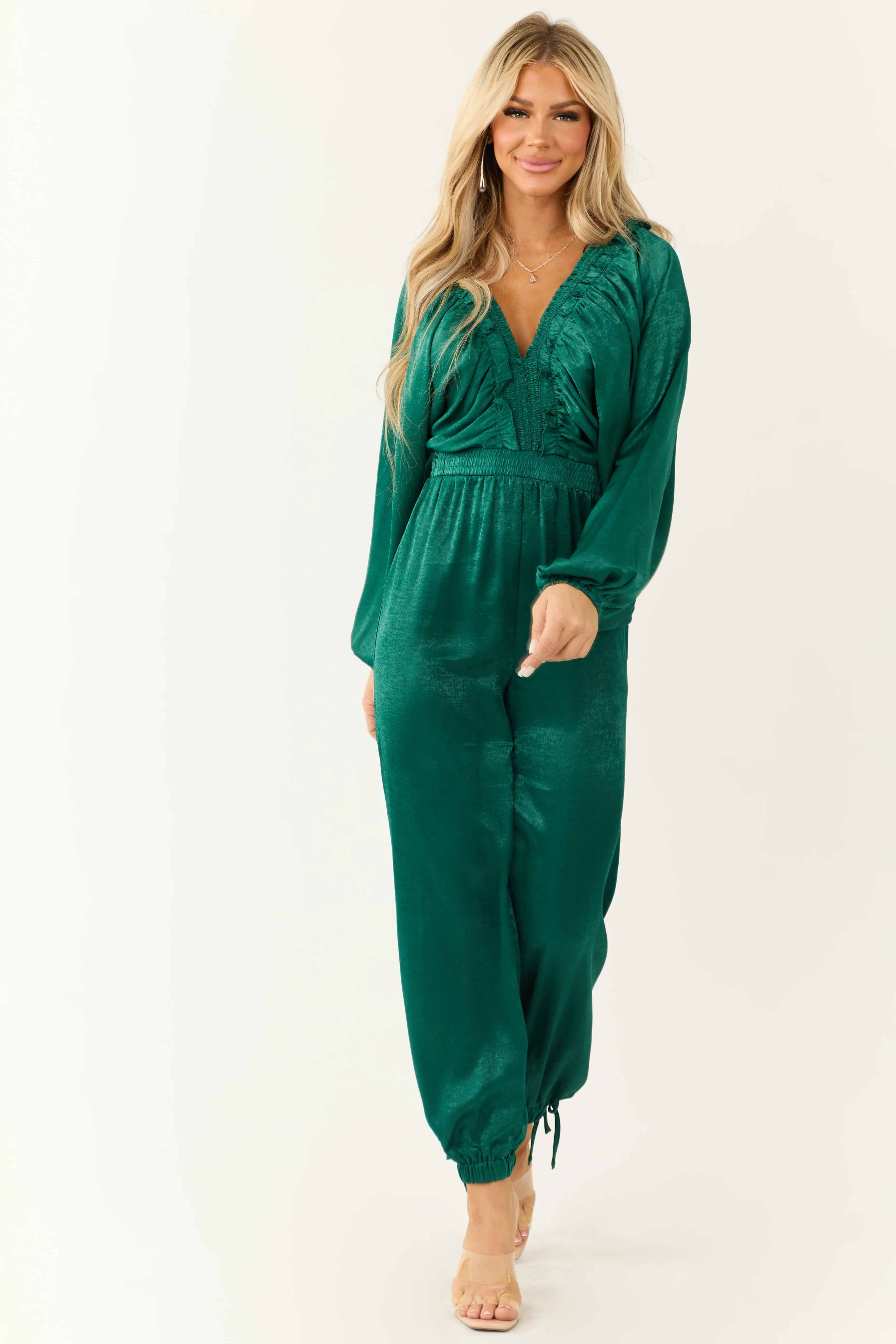 Emerald Textured Satin Deep V Neck Jumpsuit - Image 3