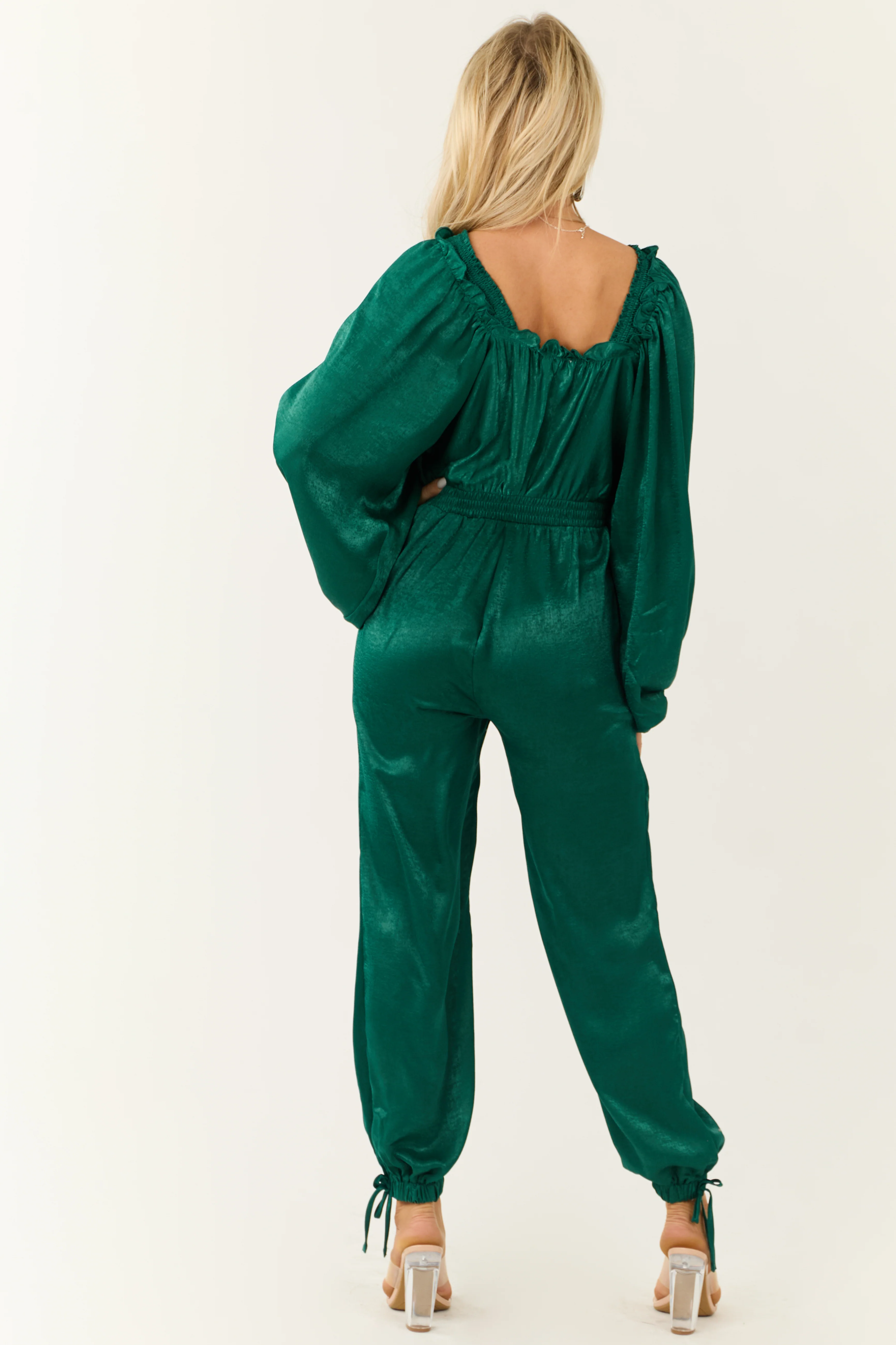 Emerald Textured Satin Deep V Neck Jumpsuit - Image 6