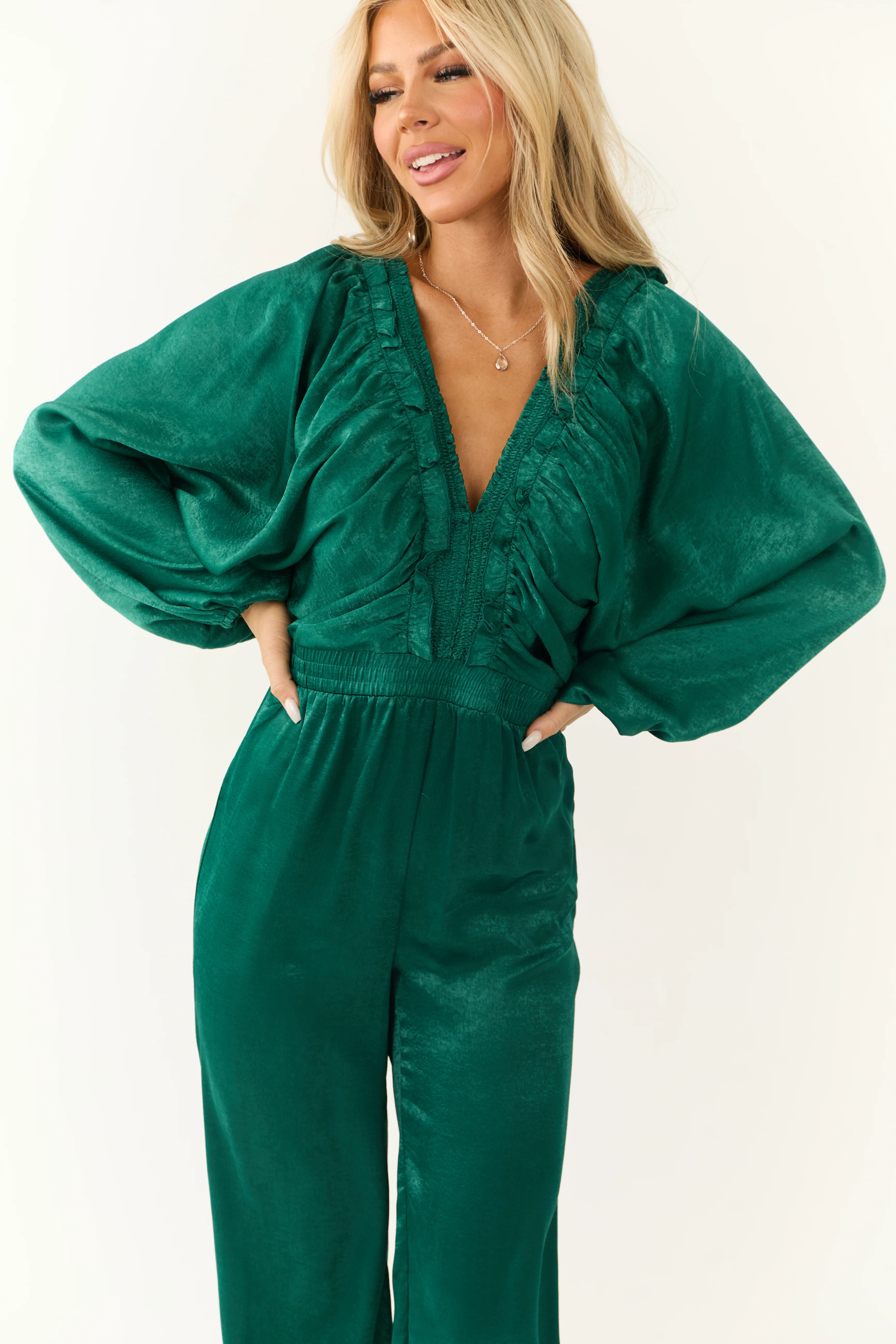 Emerald Textured Satin Deep V Neck Jumpsuit - Image 7