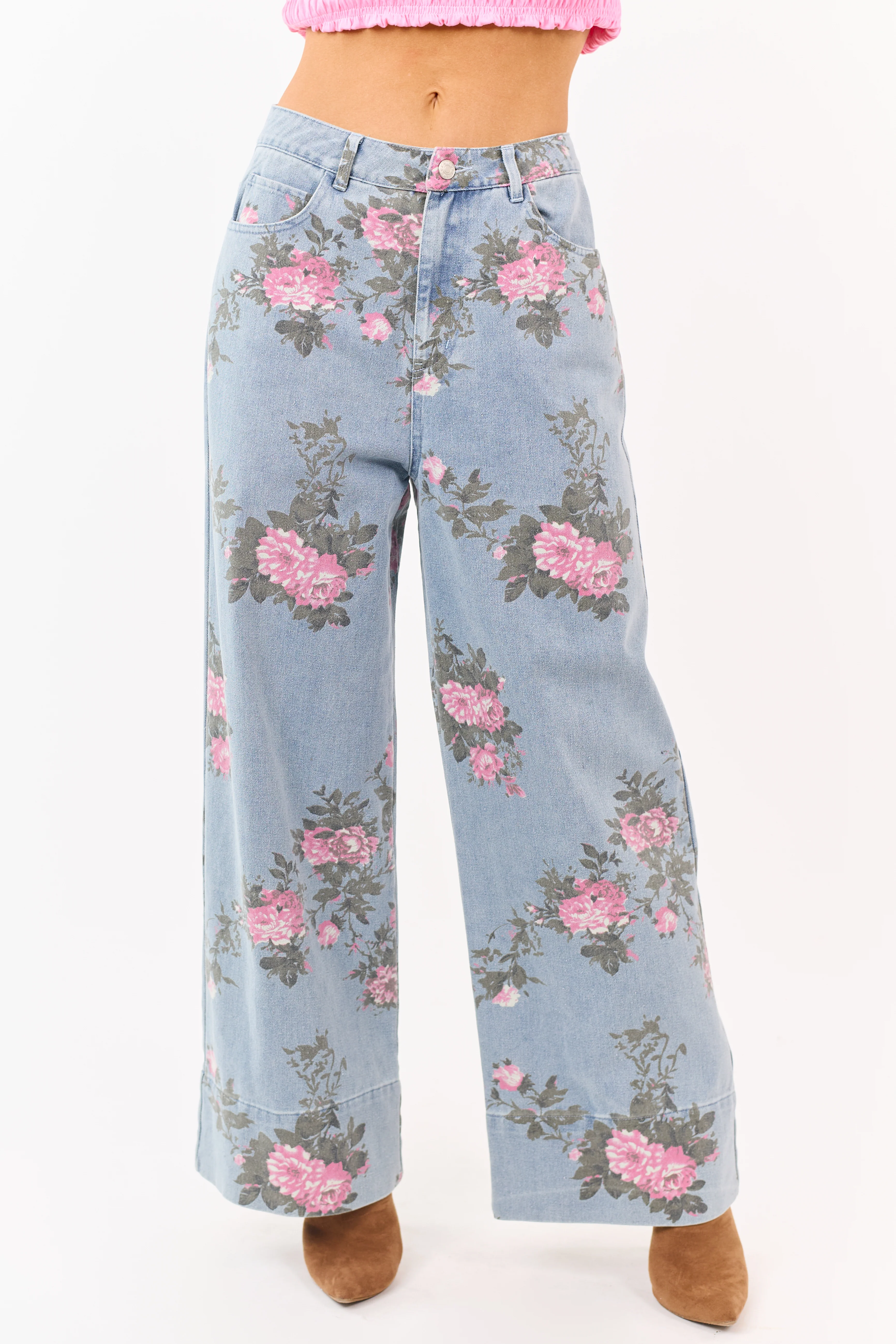 Entro Light Wash Floral Print Wide Leg Jeans - Image 3