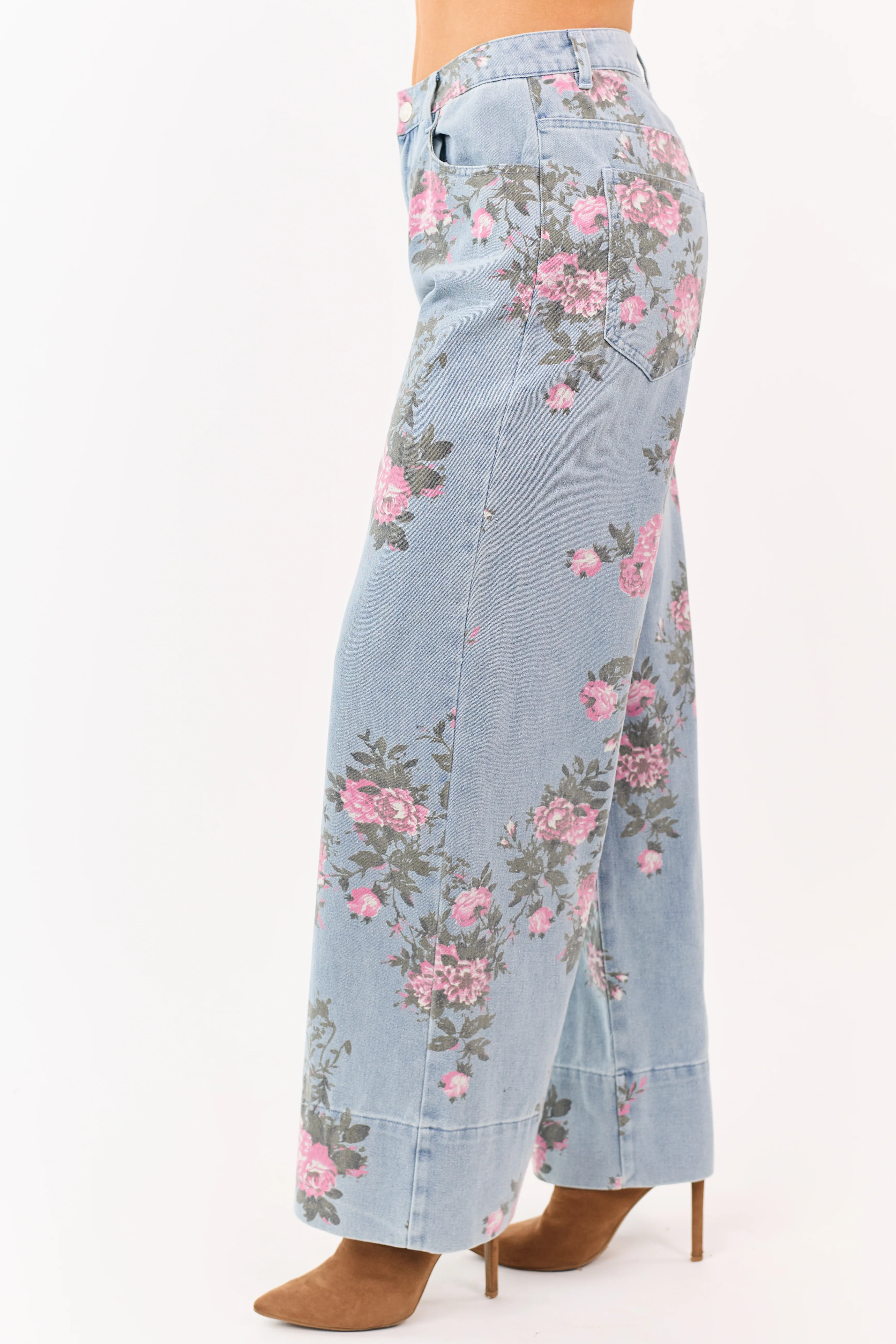 Entro Light Wash Floral Print Wide Leg Jeans - Image 4