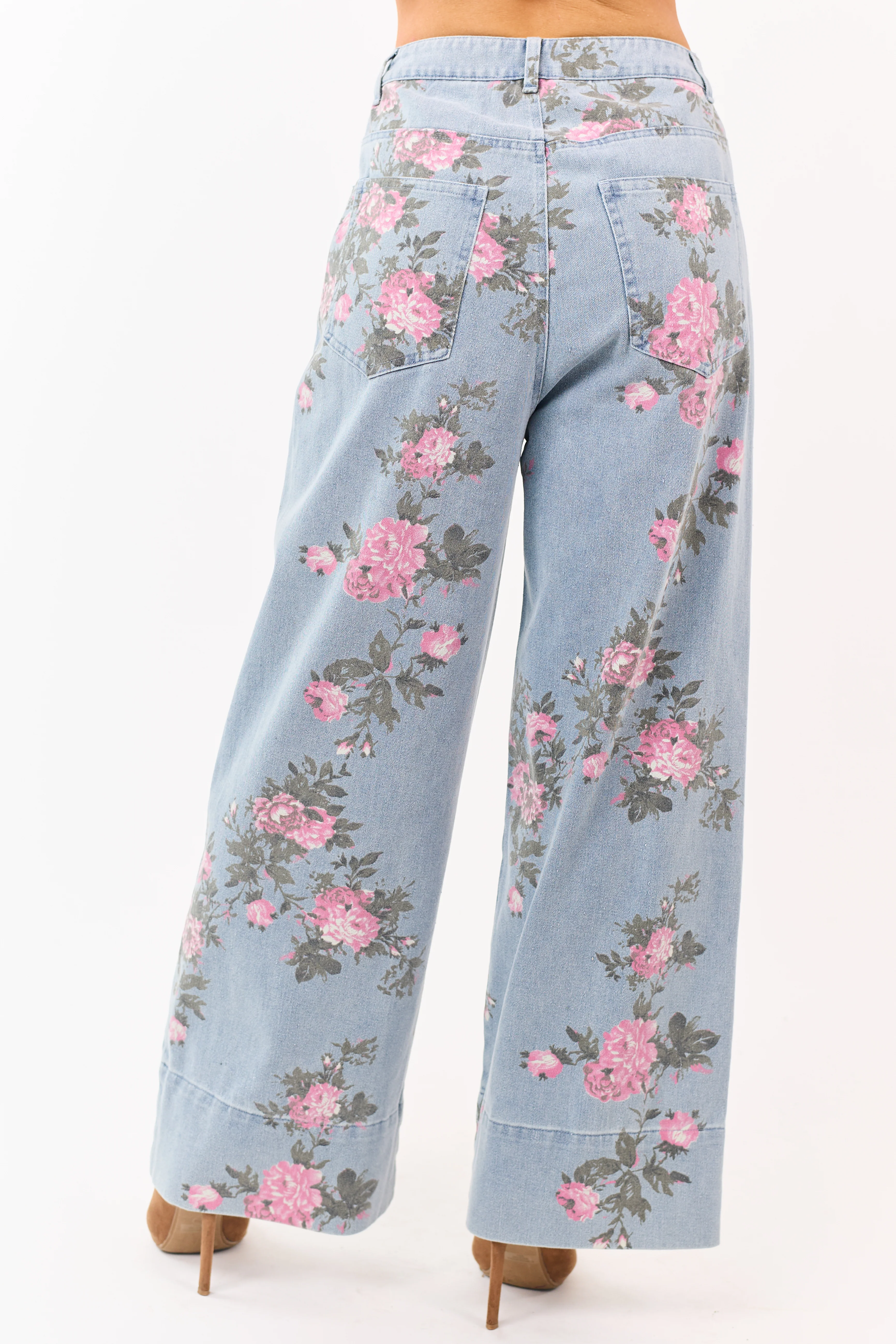 Entro Light Wash Floral Print Wide Leg Jeans - Image 5