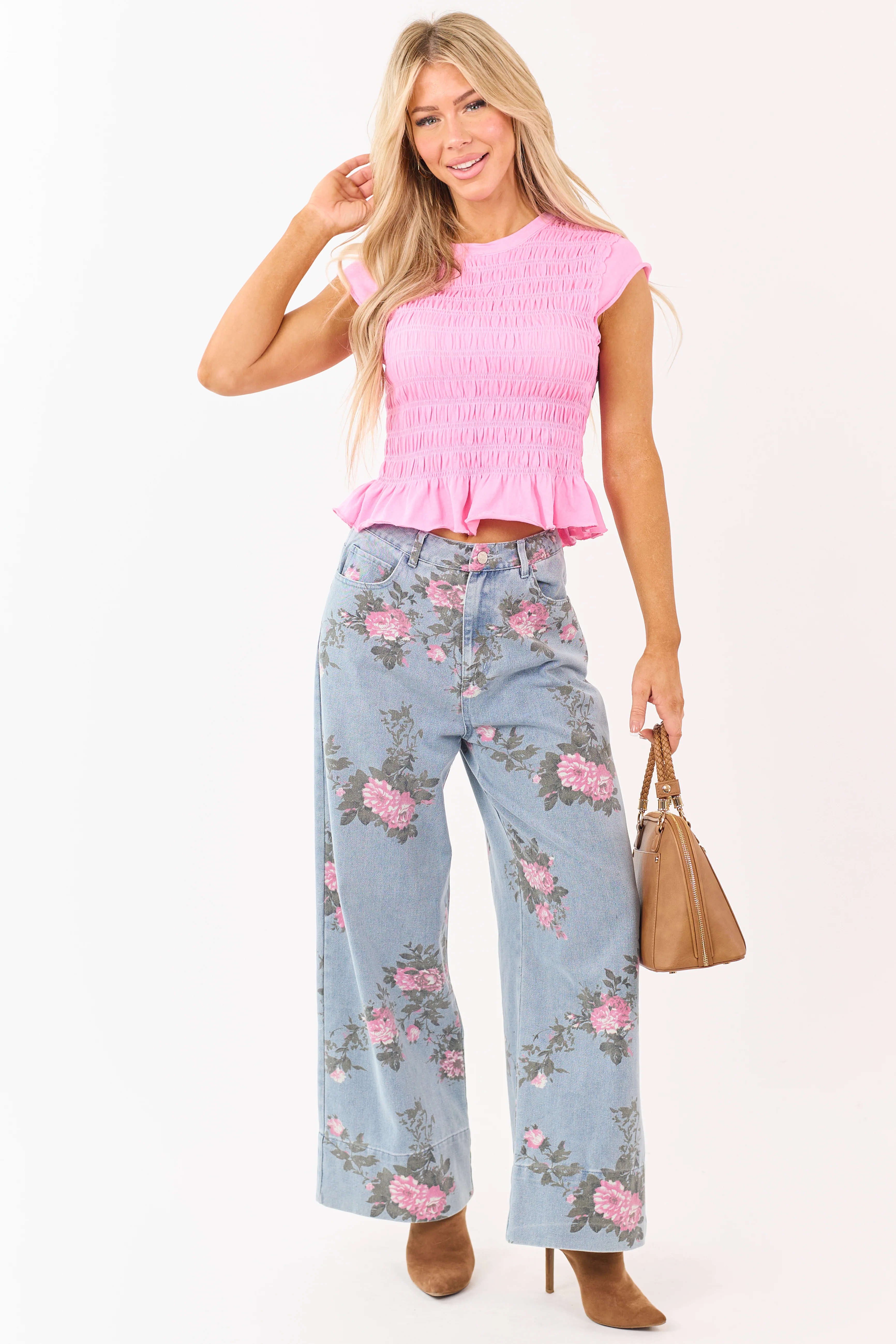 Entro Light Wash Floral Print Wide Leg Jeans - Image 7